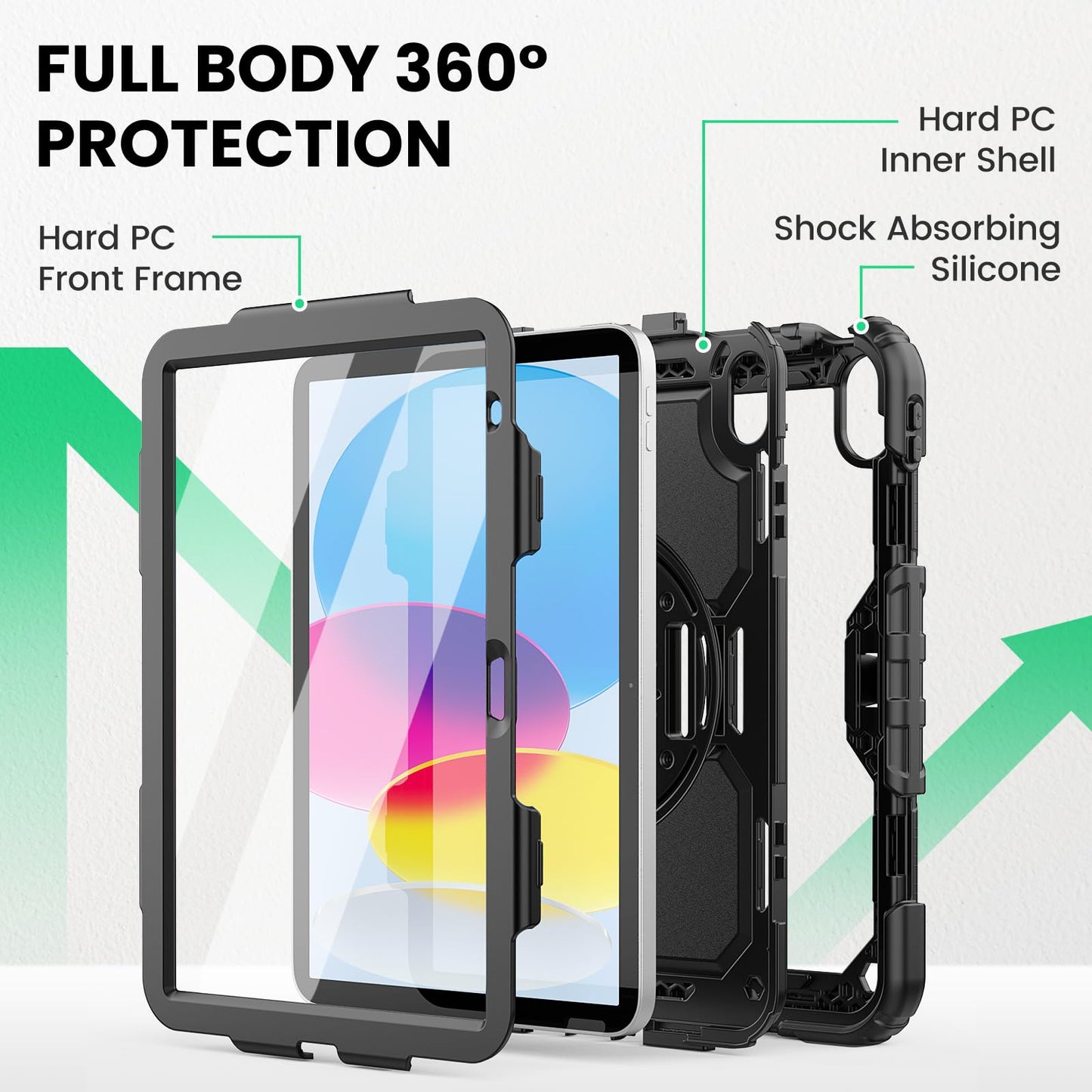 SEYMAC Case for iPad (A16) 11th/10th Generation 11/10.9 inch 2025/2022, Shockproof iPad 11th Generation Case with Screen Protector, 360° Rotatable Stand/Hand Strap, Shoulder Strap, Pencil Holder, Black