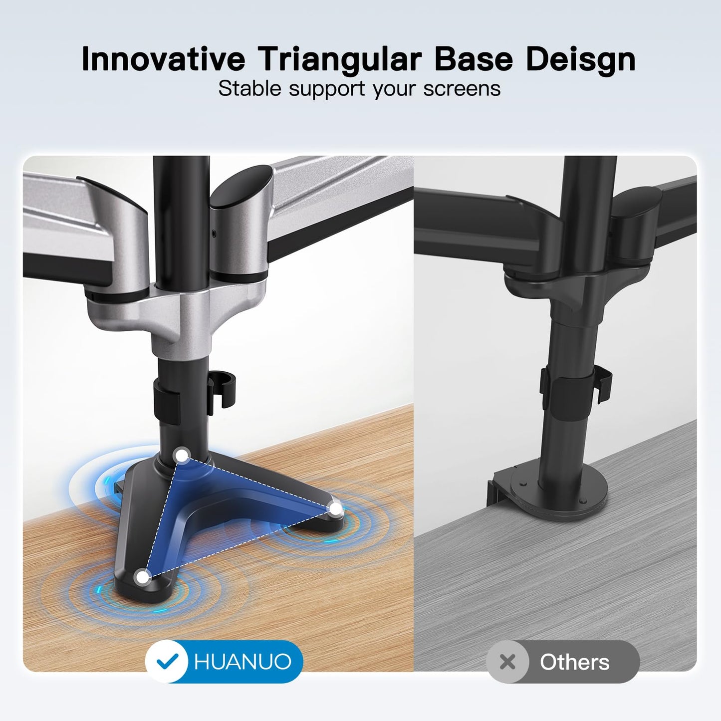 HUANUO Triple Monitor Stand for 17-32 inch screens, Adjustable Height Triple Monitor Mount, Holds up to 8kg per arm.