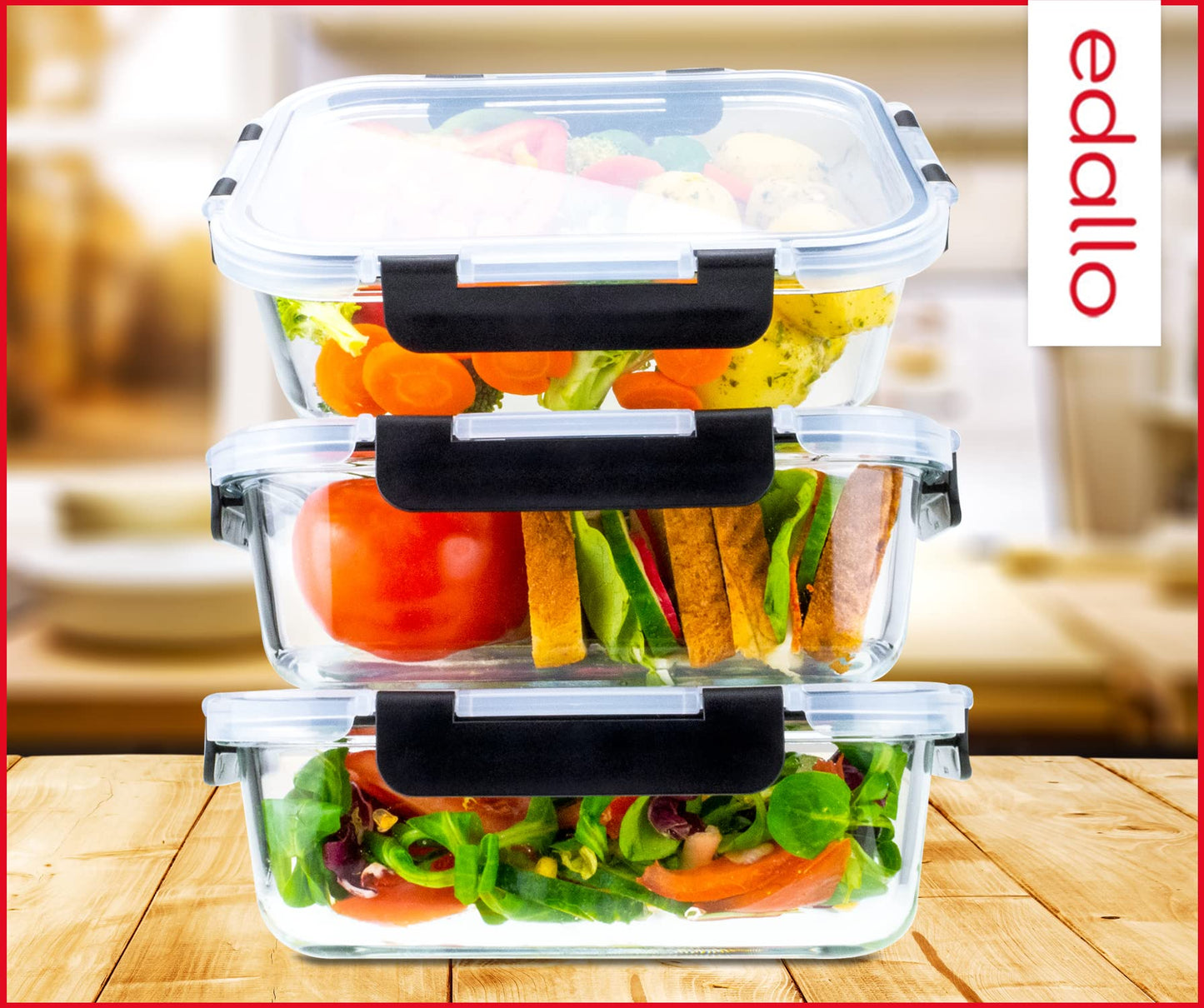 edallo - 3 large premium glass food storage containers with strong leak-proof lids. Dishwasher, oven, freezer, and microwave safe. Meal prep containers. Set: 3x1 liter.