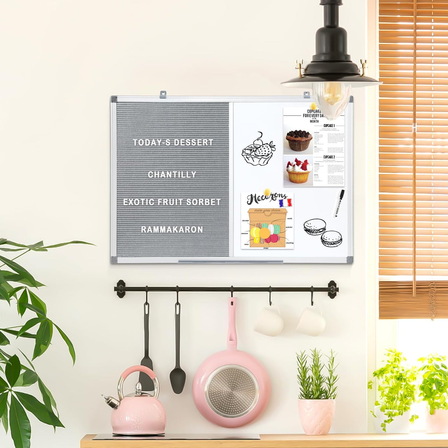 MAKELLO Magnetic Whiteboard with Pinboard - Felt Letter Board 60x45 cm, Memo Board for Kitchen, Home, and Office - includes Marker, Pins, Letters, Magnets
