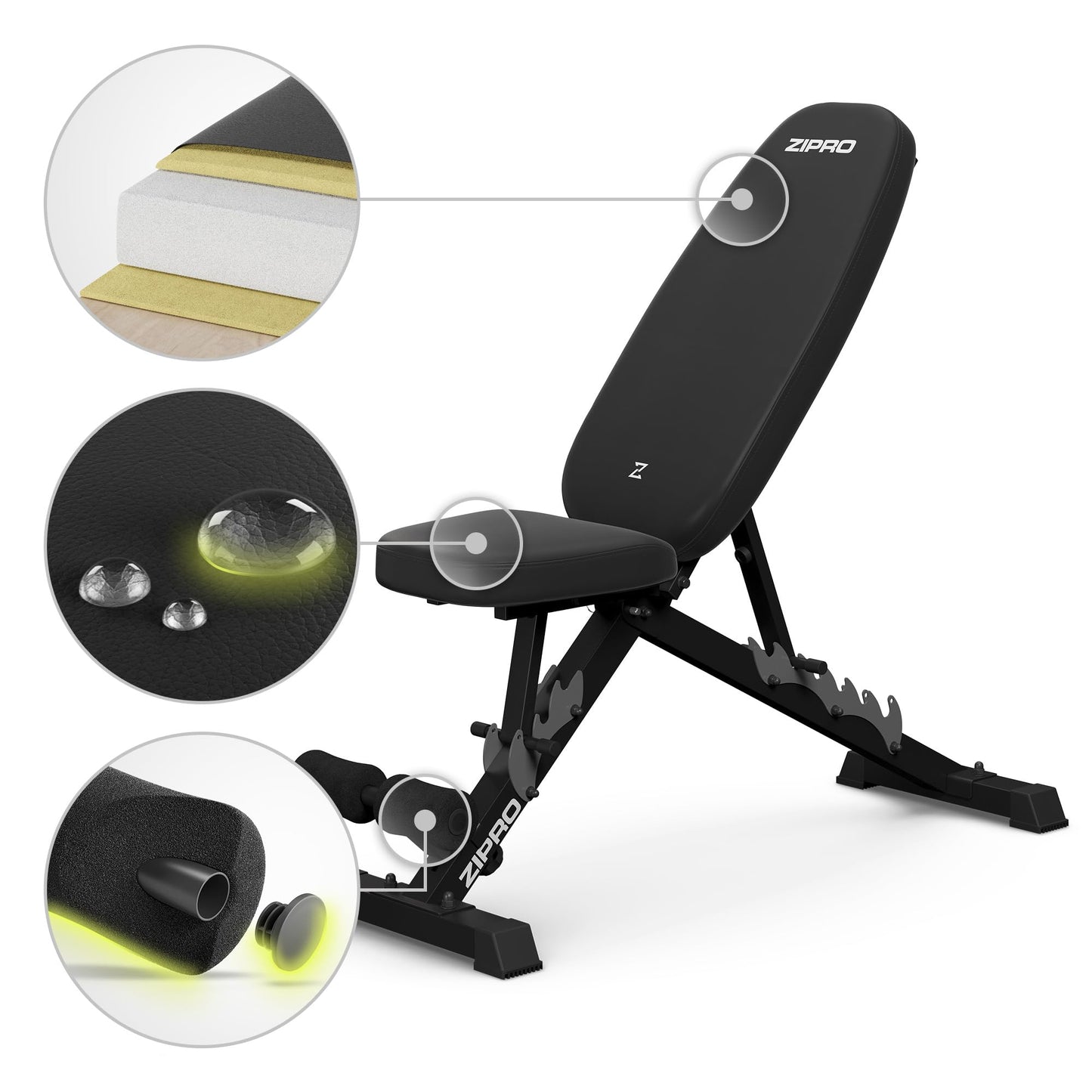 Zipro folding incline bench Jacked, fitness bench with 7-level adjustable backrest, 3-level adjustable seat cushion, weight capacity 230kg, multifunction sit up bench.
