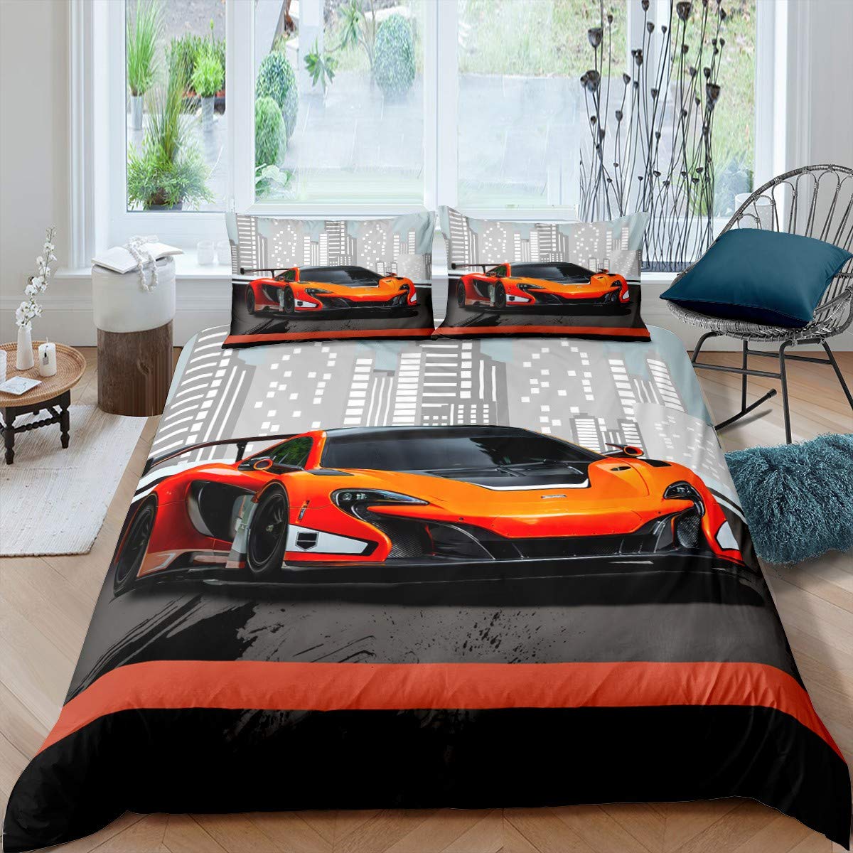 Loussiesd bedding 2-piece 135x200 cm bedding set sports car city modern duvet cover set for kids boy soft comfortable microfiber bed set including 1 pillowcase 80x80 cm