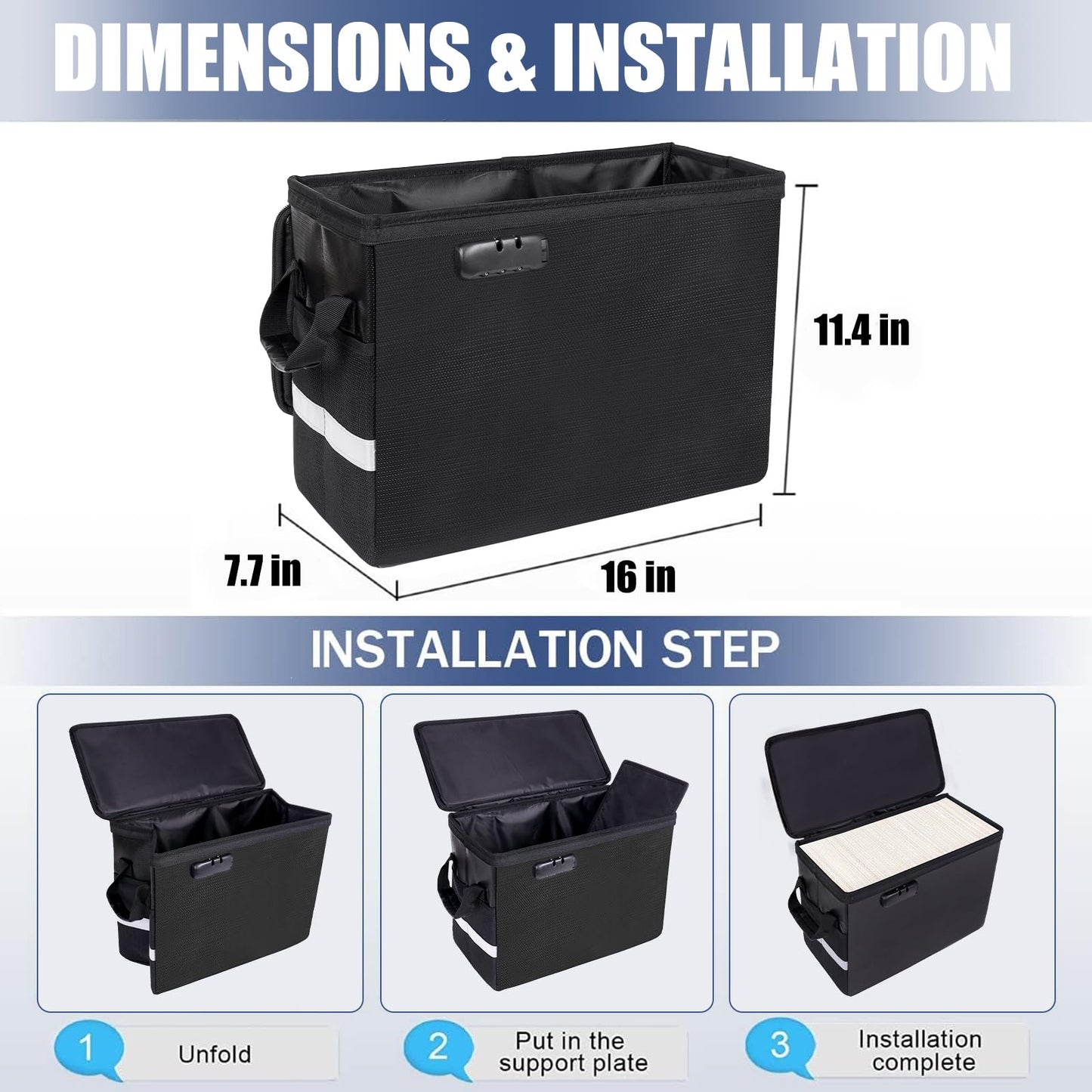 Fireproof comic book storage box 16" X 7.7" X 11.4", waterproof document bag mold and moisture resistant, foldable, lock and zipper, for 150-175 comics