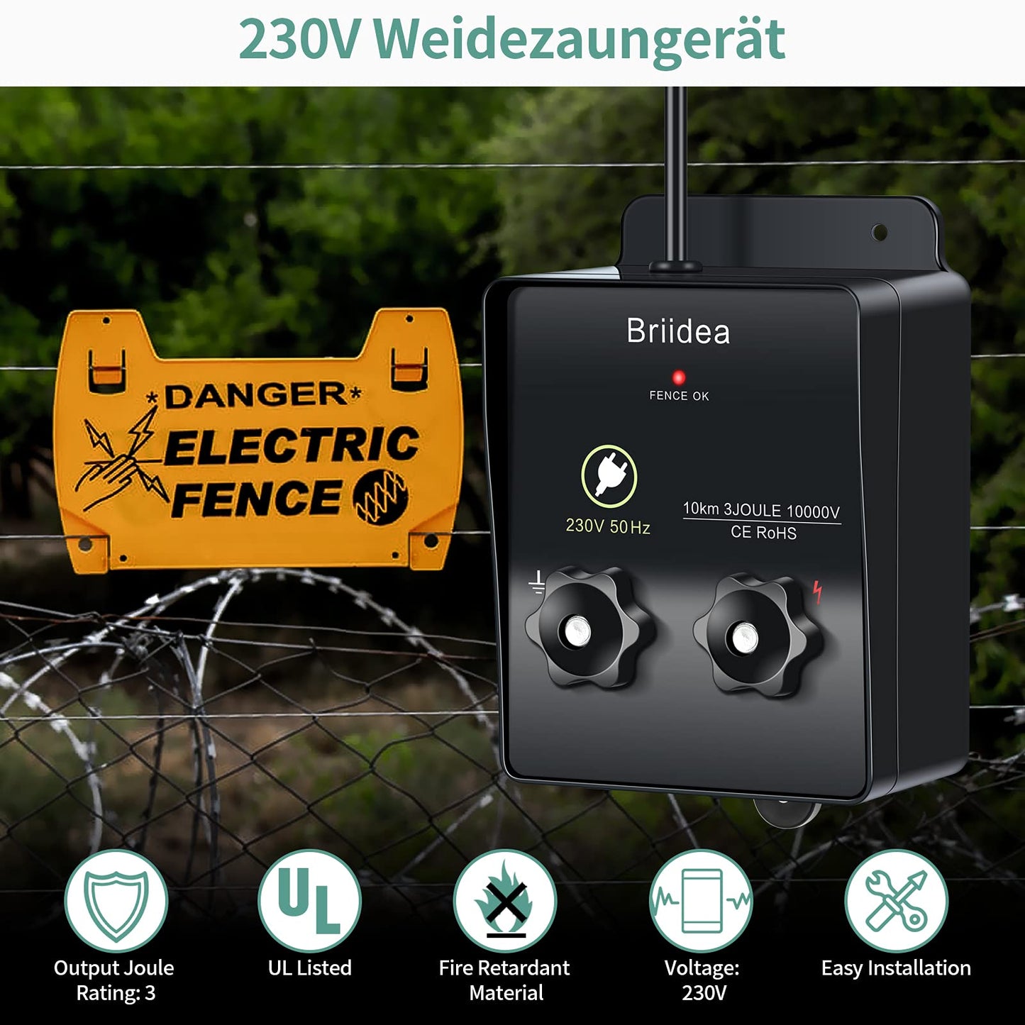 230V electric fence energizer, Briidea 6.2 miles electric fence energizer for dog fence, livestock fence, squirrel, used for gardens, chicken coops, Easy installation, 3 Joules