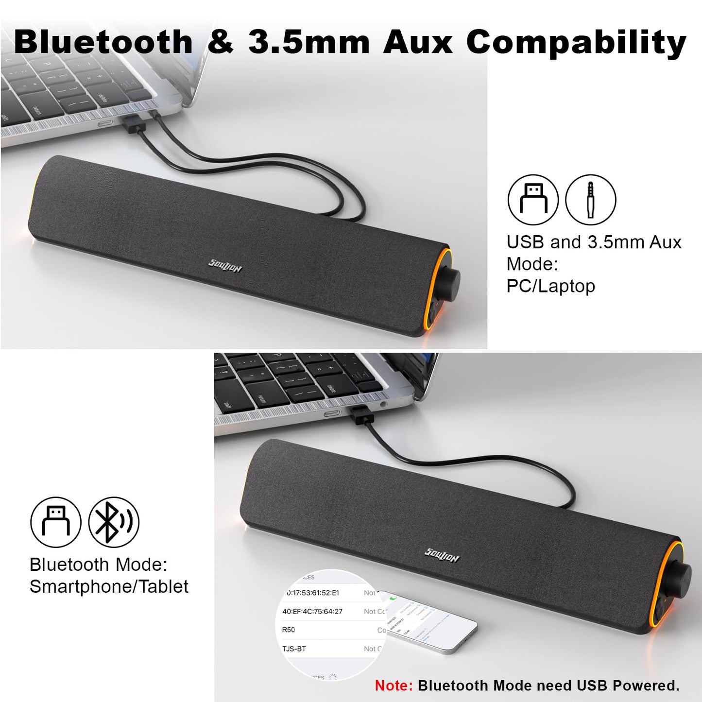 SOULION R50 PC speakers, Bluetooth & 3.5mm computer speakers, USB powered, colorful lights, soundbar with switch for PC, laptop, tablet, monitor, smartphone, 42x7x9cm, black