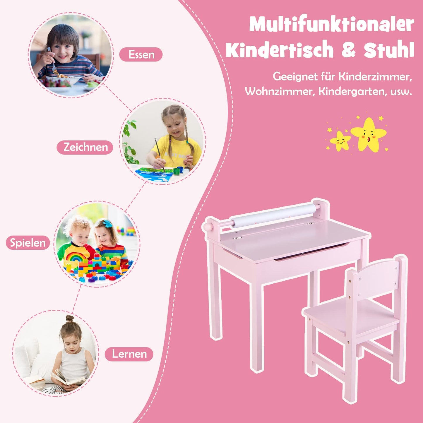 DREAMADE Kids Desk with Chair, Wooden Student Desk, Youth Desk, Children's Table, Kids Desk with Paper Roll Holder & Storage Space, Paper Roll and Markers Included (Pink)
