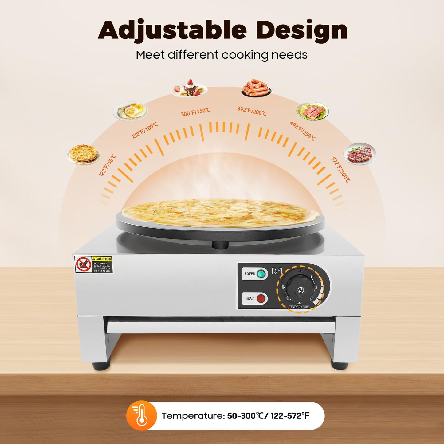 Electric Crepe Maker, 40cm with pull-out tray Crepe maker Built-in thermostat 50-300°C infinitely adjustable 3KW Crepe pancake machine.