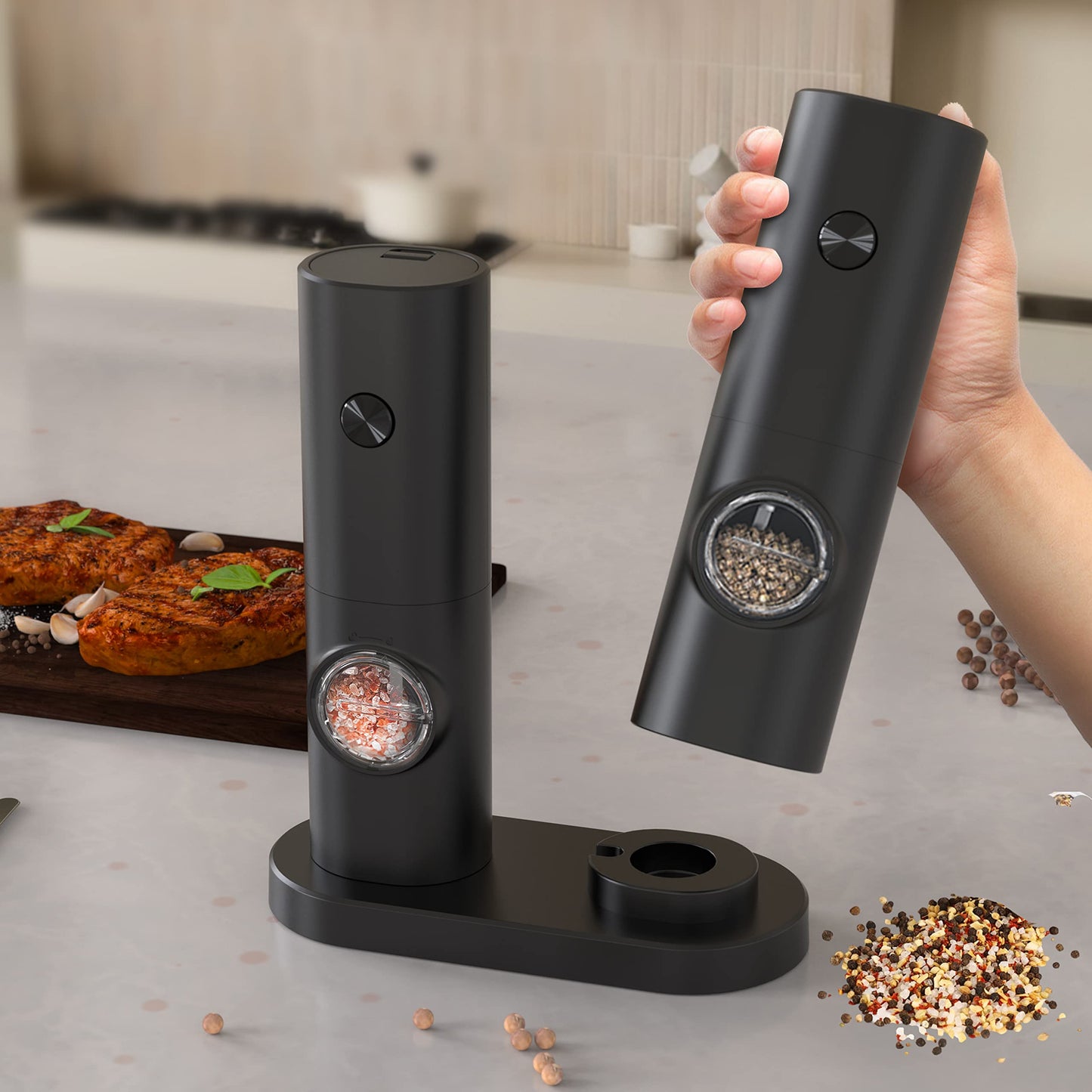 IraXpro Electric Salt and Pepper Grinder 2 Pack with Base, LED Light, Battery Operated, Ceramic Grinding Mechanism with Adjustable Coarseness, Salt and Pepper Grinder for BBQ, Kitchen (Black-Battery Operated)