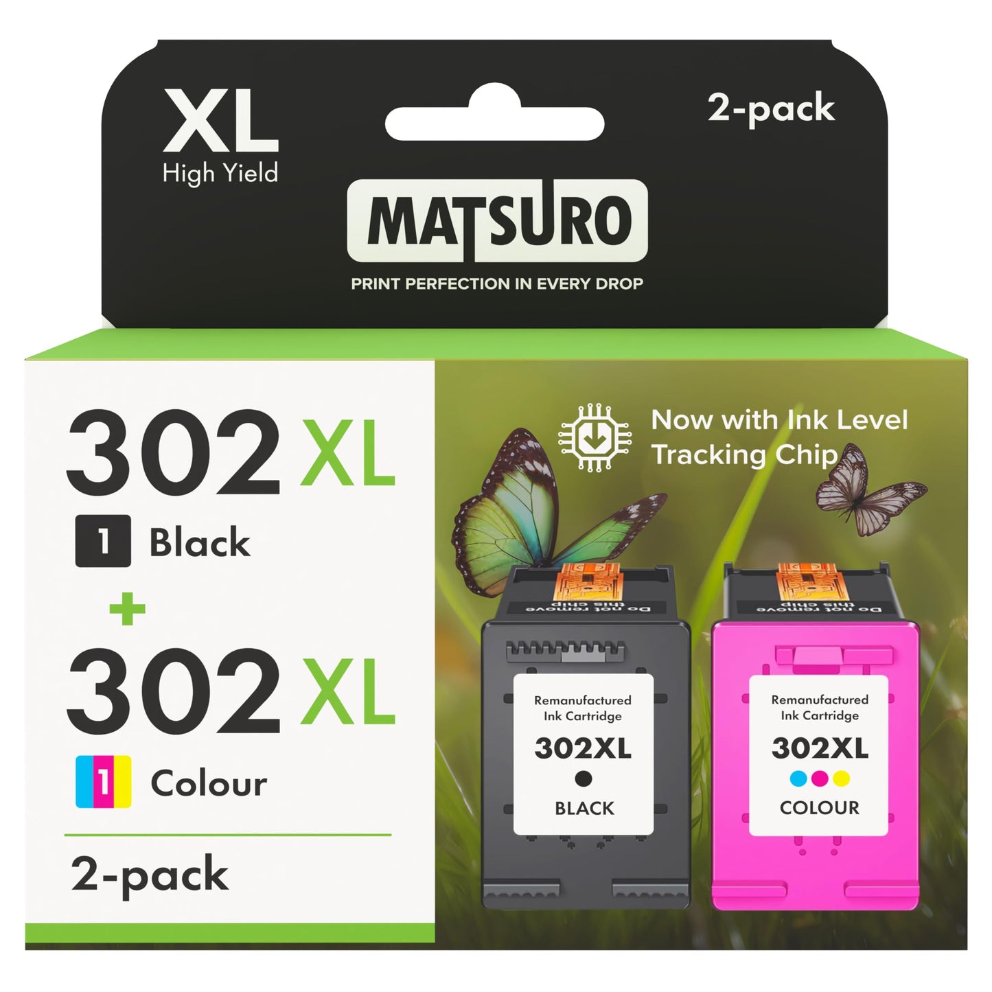 Matsuro 302XL Multipack printer cartridges replacement for HP 302 XL with chip. Compatible with HP Envy 4520 4524 4527 Deskjet 2130 3630 3636 Officejet 3830 3831 3835. Includes 1x black, 1x color.