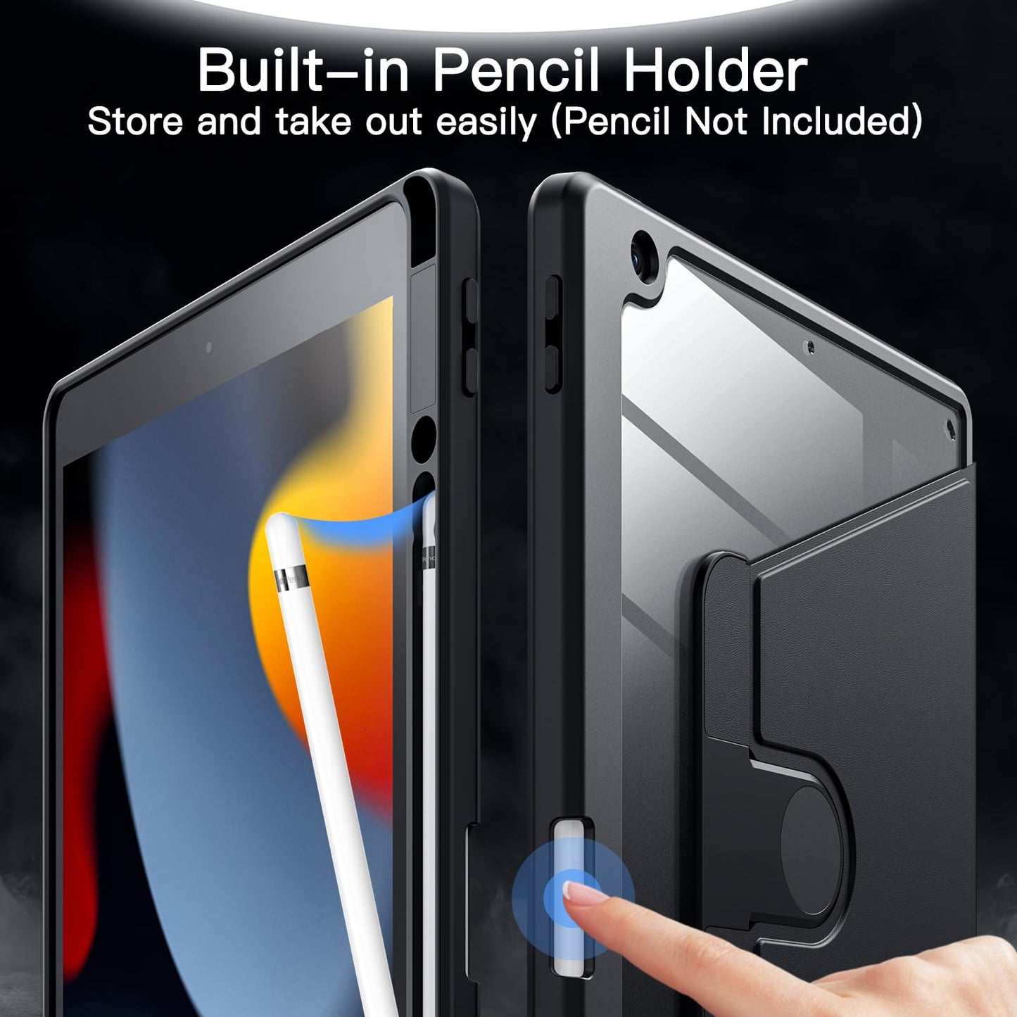 Jetech Rotating Case for iPad 9/8/7 (10.2 inch, 2021/2020/2019 model, 9th/8th/7th generation) with Pencil Holder, 360 Degree Rotatable Protective Case Stand, Transparent Back Cover (Black)