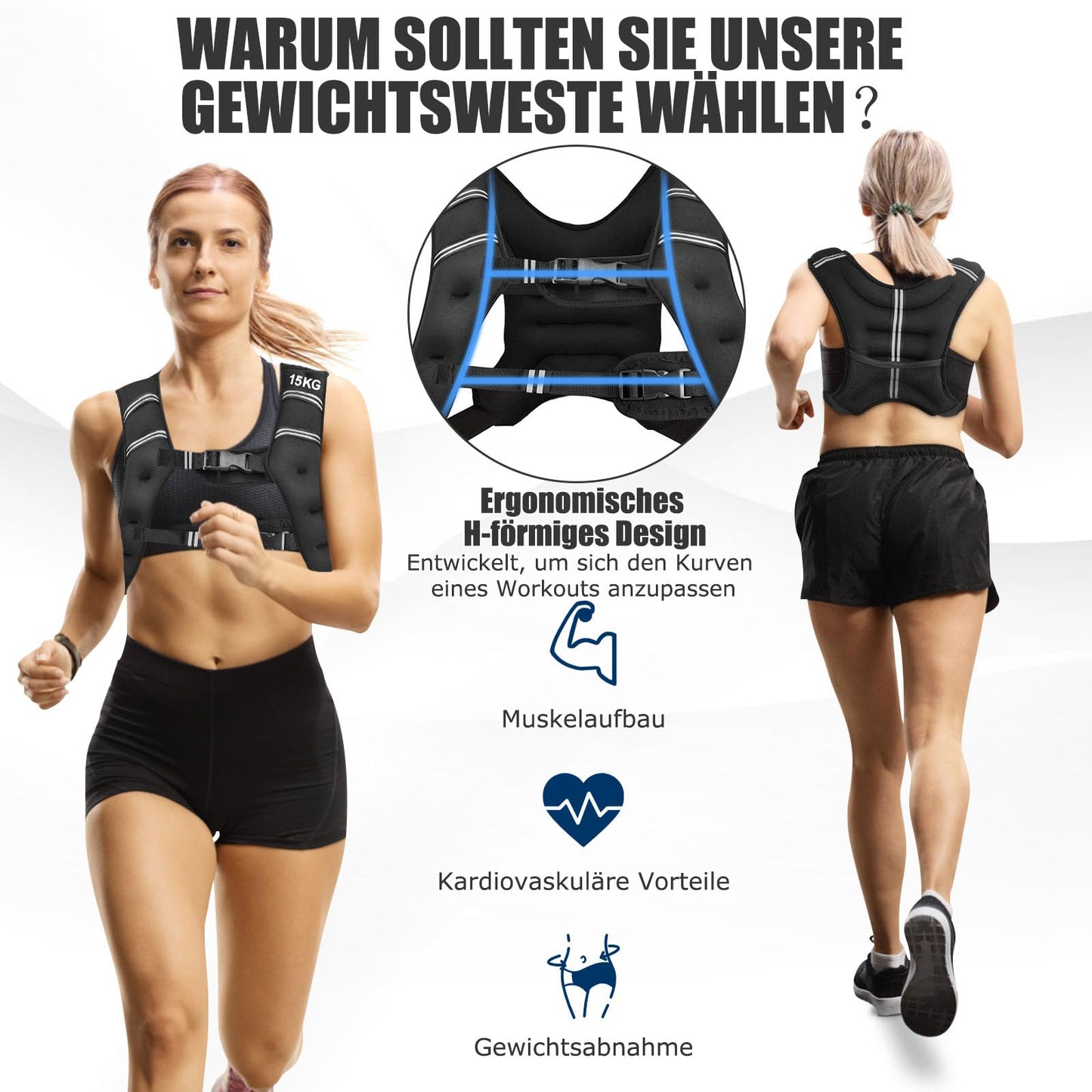 GYMAX 15kg Weighted Vest Training Fitness Vest with Reflective Stripes Weight Vest Running Vest for Weight Training Strength Training Muscle Building Black