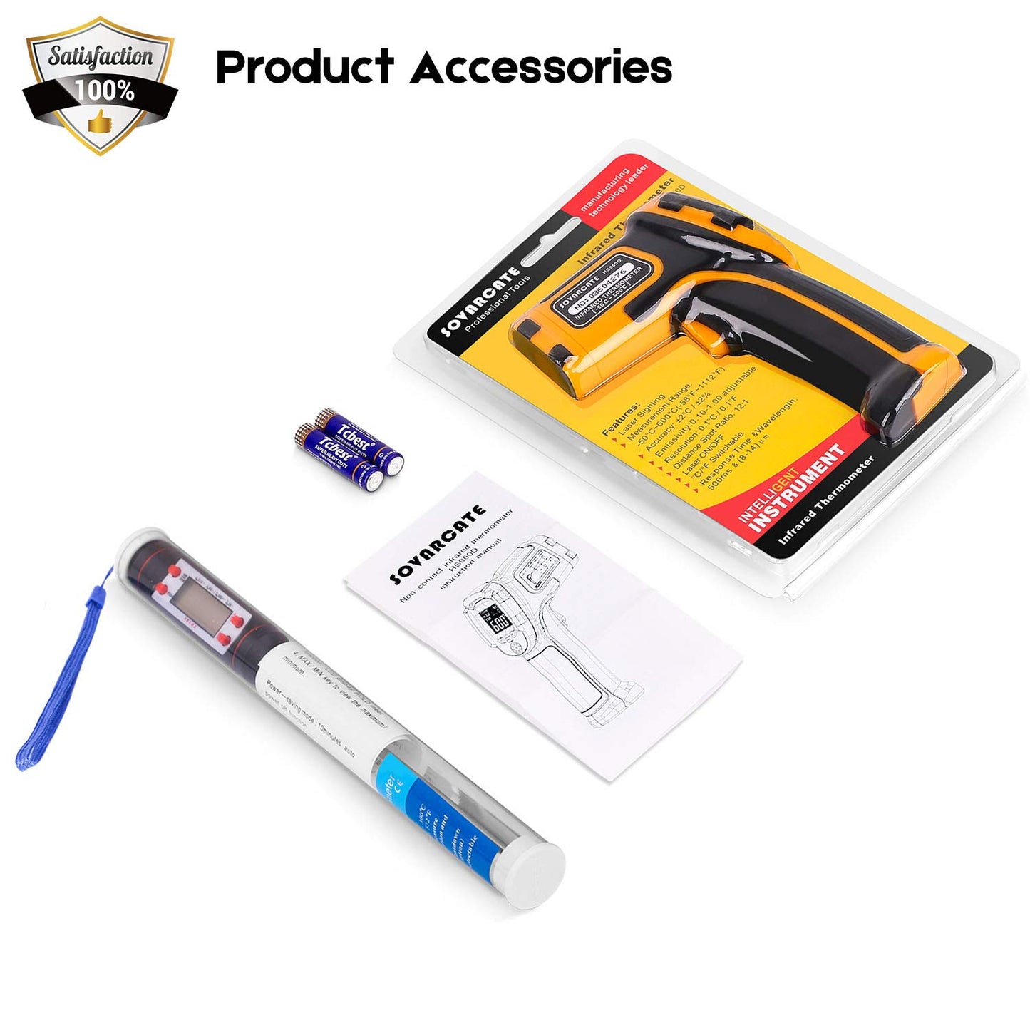 Infrared Thermometer SOVARCATE Digital Laser Temperature Gun -58°F~1112°F (-50°C~600°C) Non-Contact Non-Human Body Thermometer - for Cooking/Barbecue/Freezer/Industrial
