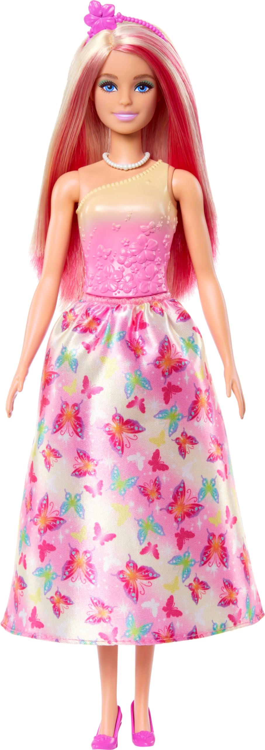 Barbie Royal Doll with imaginative hair in blond and pink, colorful accessories, pink ombre top, and butterfly-patterned skirt, HRR08.