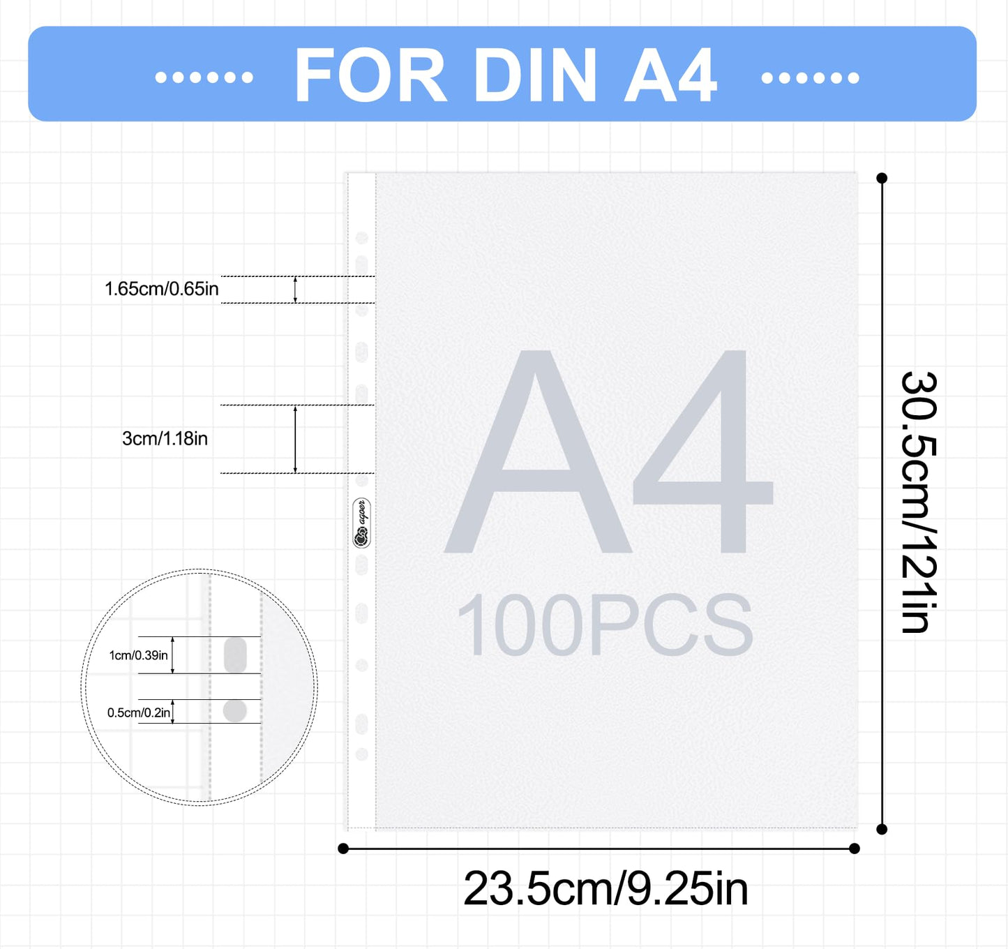 100 A4 clear plastic sleeves, stable and transparent, embossed, 160 microns. A4 document sleeves for storing papers, photos, and documents.