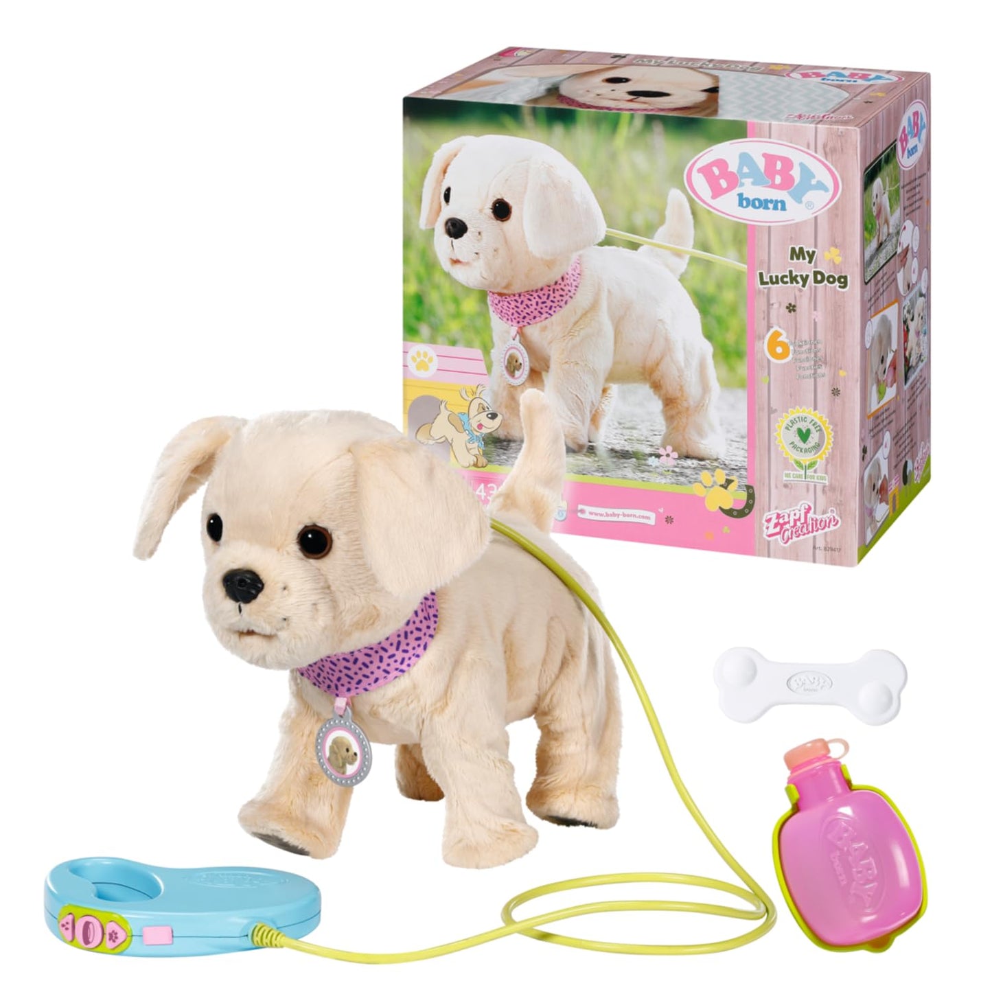 BABY born, dog, My Lucky Dog, BABY born dog with functions including collar, pendant, leash, bottle, and bone, 829417, Zapf Creation.