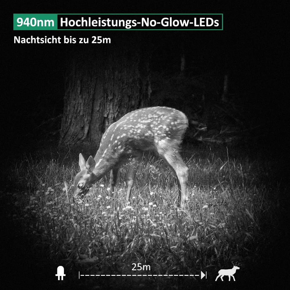 GardePro E6 trail camera with WiFi antenna, 48MP 1296P resolution, motion sensor, No Glow infrared 940nm LEDs, IP66 waterproof, H.264 video, 110° wide angle view, and WiFi mobile data transfer.