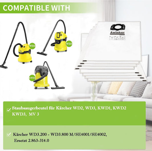 10 pieces KFI 357 vacuum cleaner bags for Kärcher WD2 WD3 KWD1 KWD2 KWD3 WD3.200 - WD3.800 M/SE4001/SE4002 vacuum cleaners, replaces 2.863-314.0
