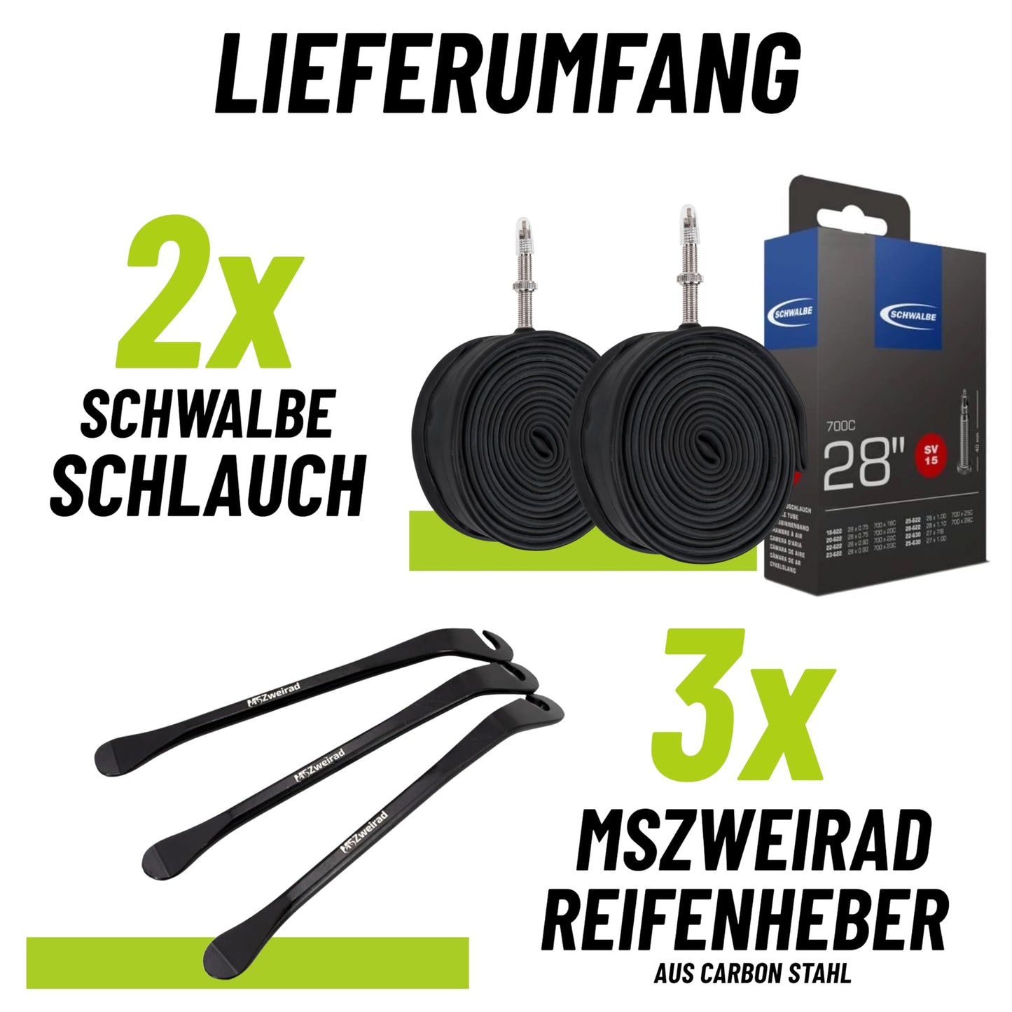 2-pack Schwalbe bicycle tube SV15 40mm 28 inch (18/28-622/630) including 3 MSZweirad tire levers
