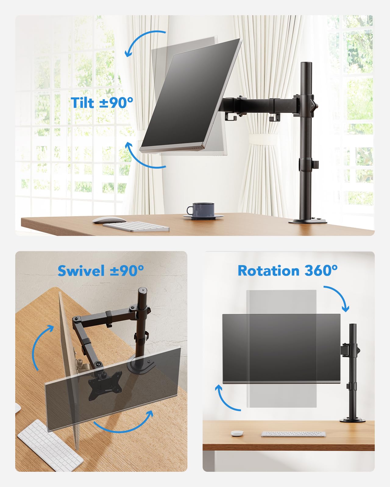 HUANUO monitor mount for 13-32 inch screens, monitor stand adjusts height, tilt, swivel, and rotate, 2 mounting options, VESA 75 & 100 mm.