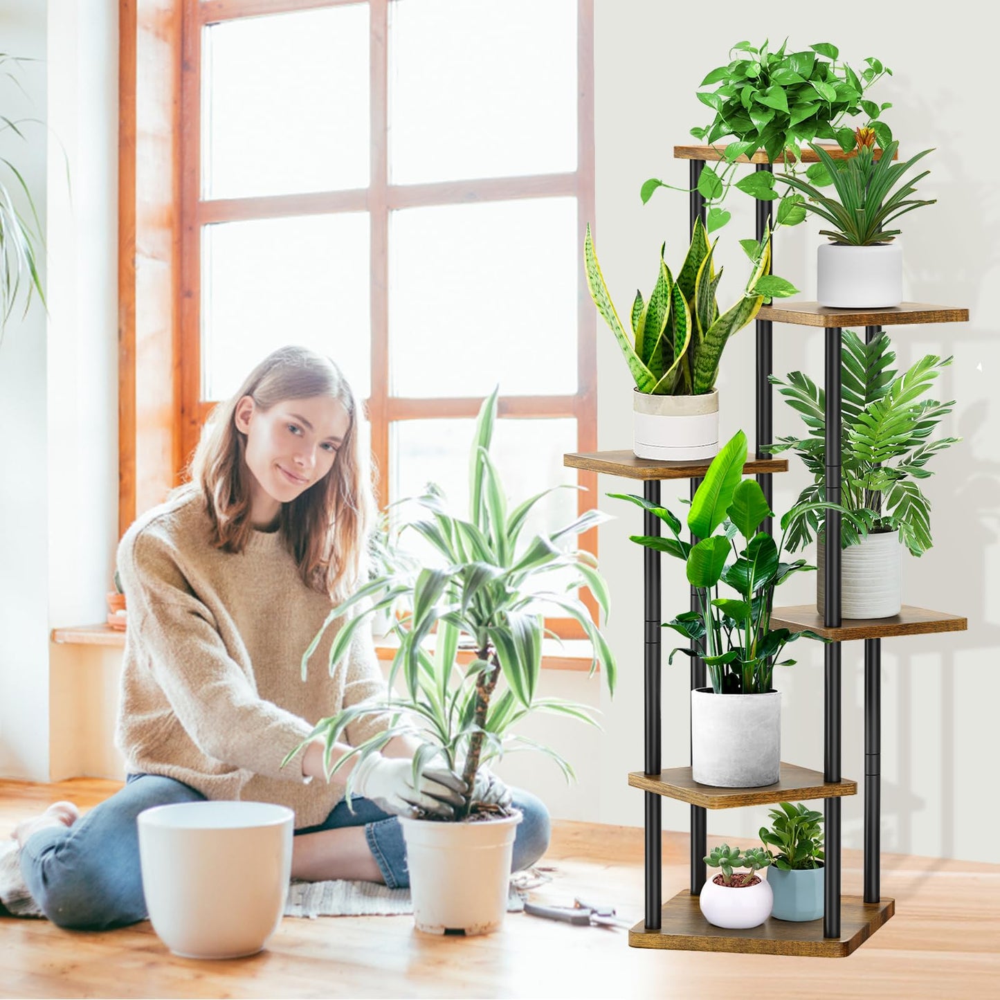 YOCOMEY 6-Tier Wooden Flower Rack Plant Stand, Multilayer Flower Shelf Plant Shelf Flower Bench Flower Staircase Plant Staircase Display Shelf for Indoor Garden Balcony Decor (Black)