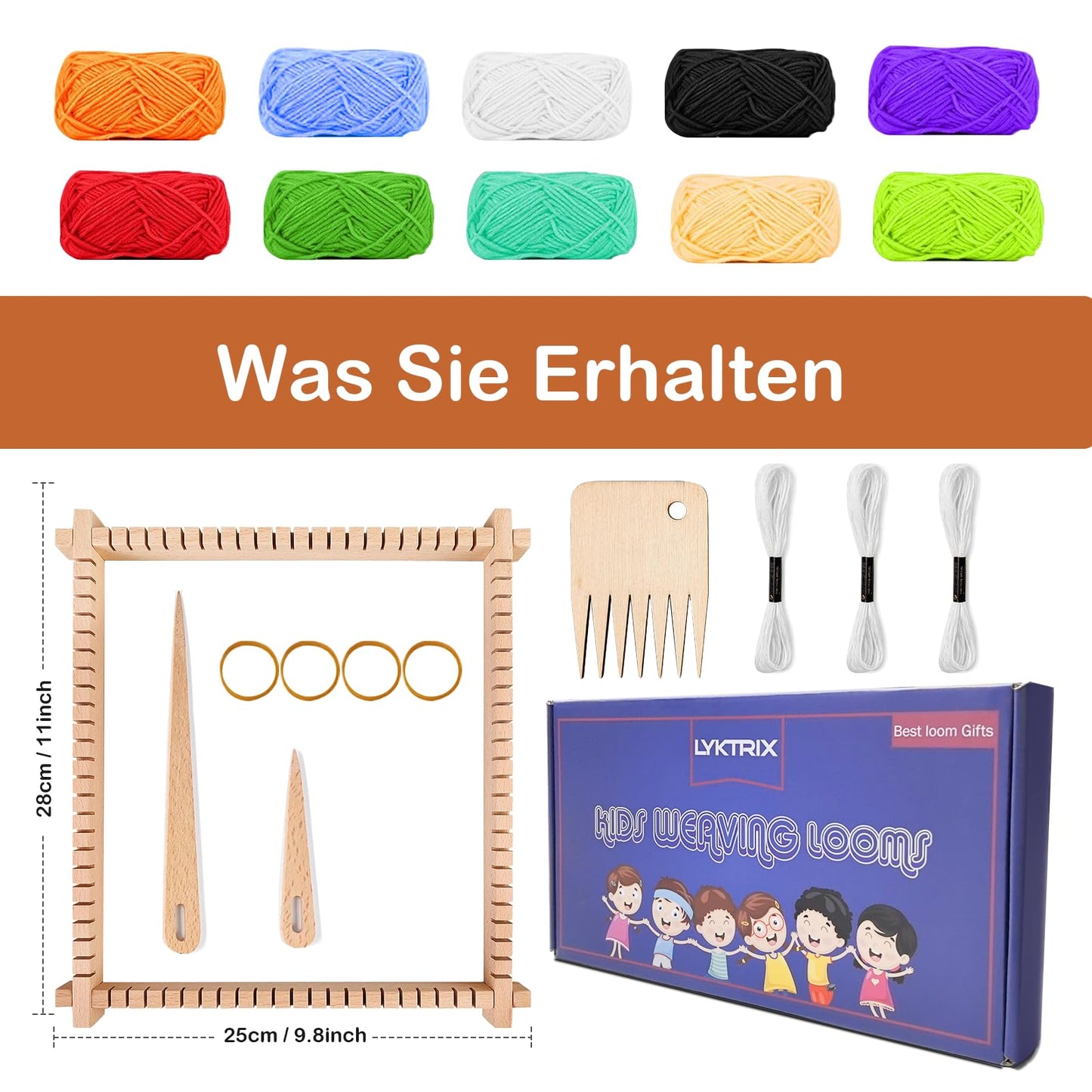 LYKTRIX Children's Wooden Loom Set, weaving frame for kids aged 4-12, includes 13 accessories (yarn, needle, weaving comb) for creating round/square wall hangings & coasters.