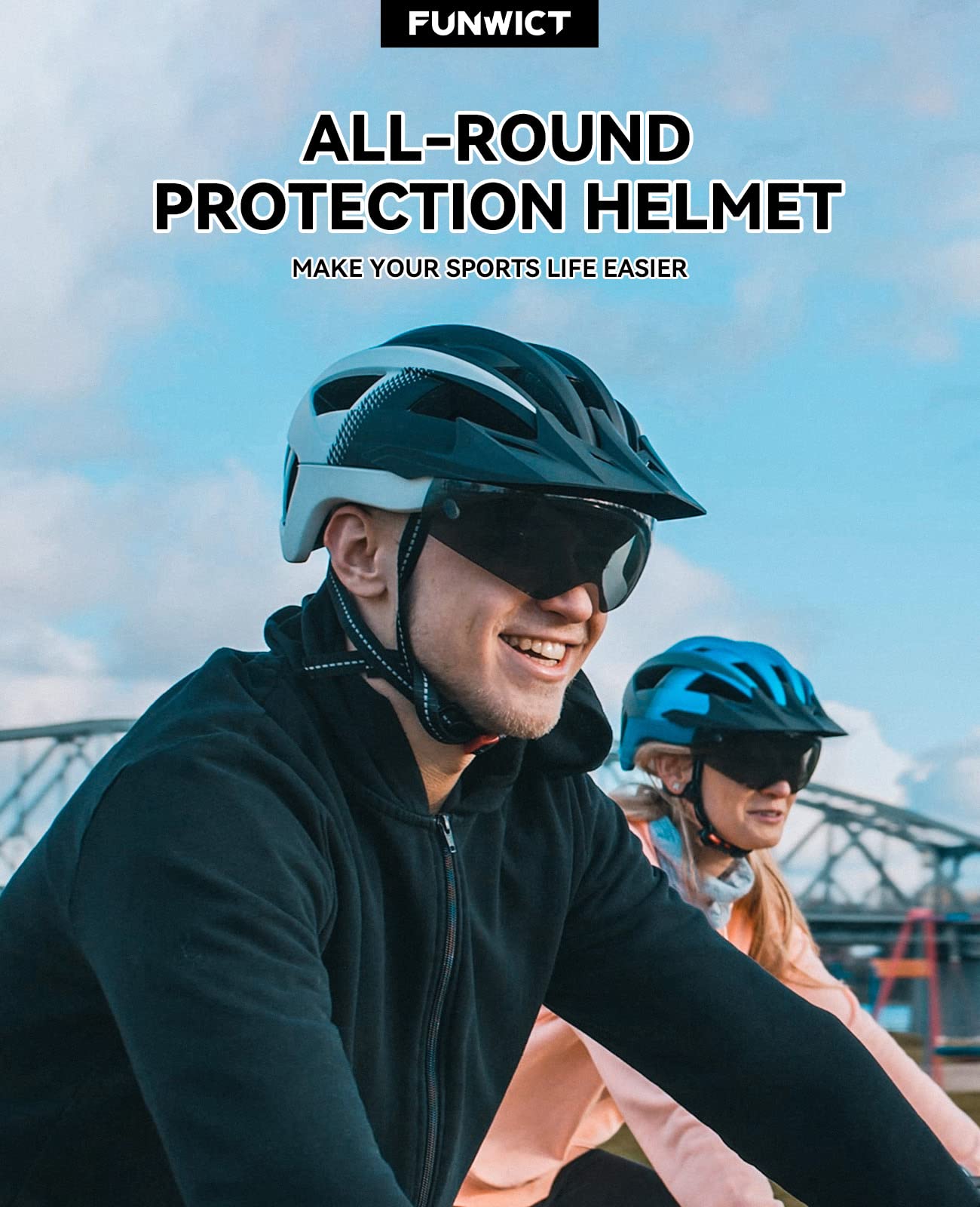FUNWICT Bike Helmet with Visor for Men Women, Lightweight Bicycle Helmet with Magnetic Goggles and USB Rechargeable LED Light, Stylish Mountain Bike Helmet Size M/L/XL (XL: 59-63 cm, Black White)