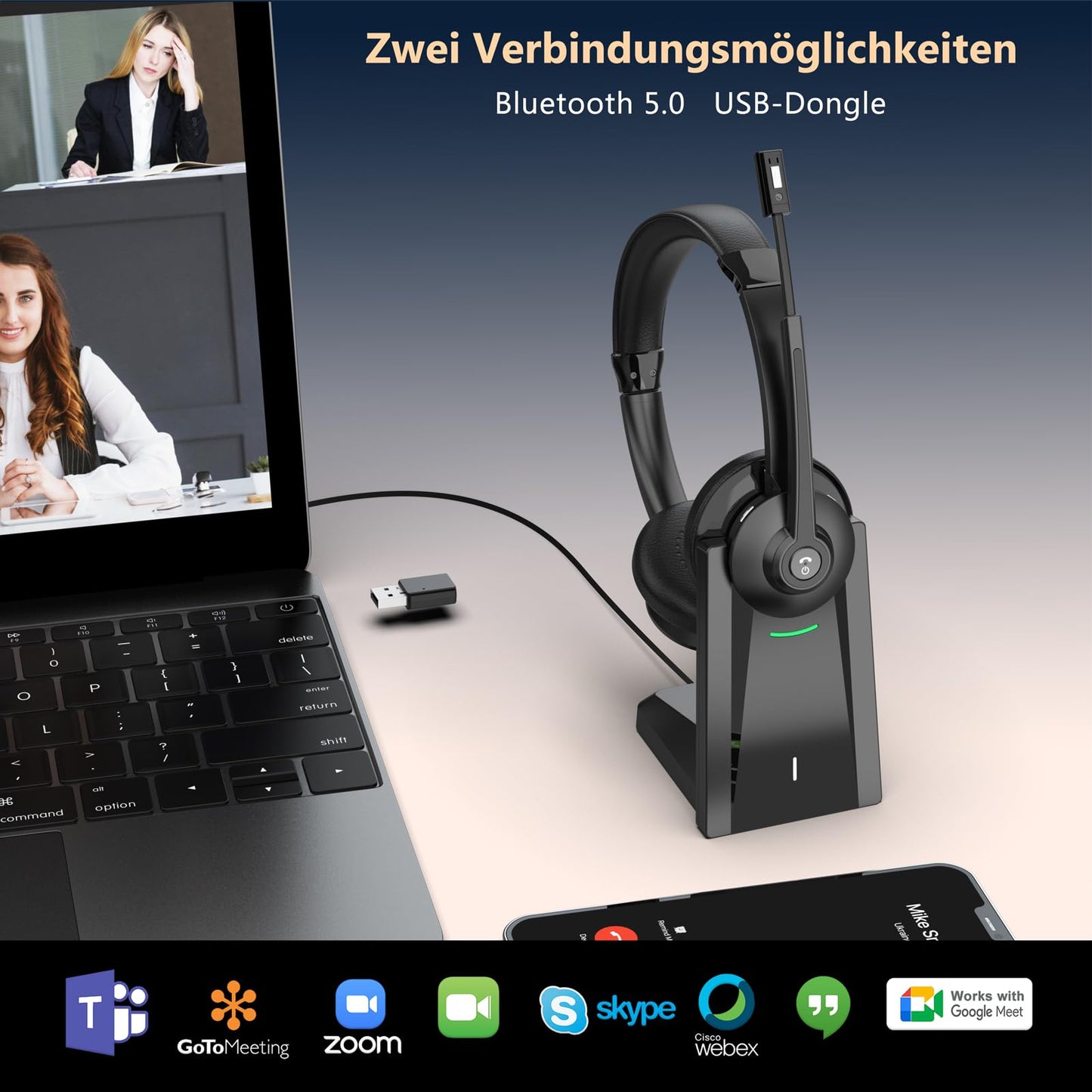 Ebay Bluetooth headset with microphone, wireless headset with charging station & USB dongle, wireless with microphone noise cancellation & mute for computer/meeting/zoom/office/home office