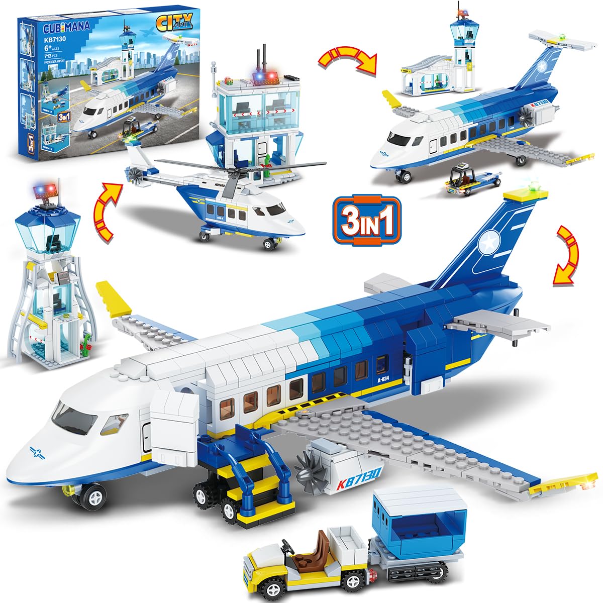 CUBIMANA City Passenger Plane Building Set, 3 IN 1 airplane building set with terminal, radar tower, luggage cart. Aircraft model building blocks toy gift for boys, girls, kids 6, 7, 8, 9+ years old.