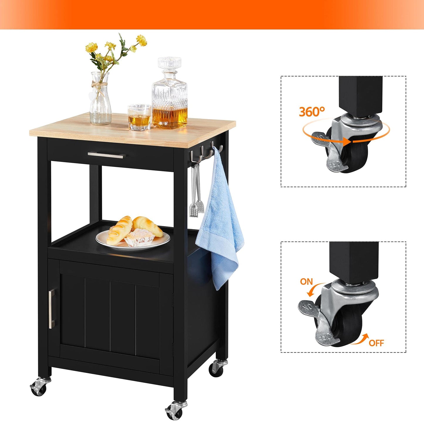 Yaheetech kitchen cart on wheels, serving cart with cabinet and shelf, wooden countertop, rolling cart 55x45x89cm, country style kitchen trolley in black.