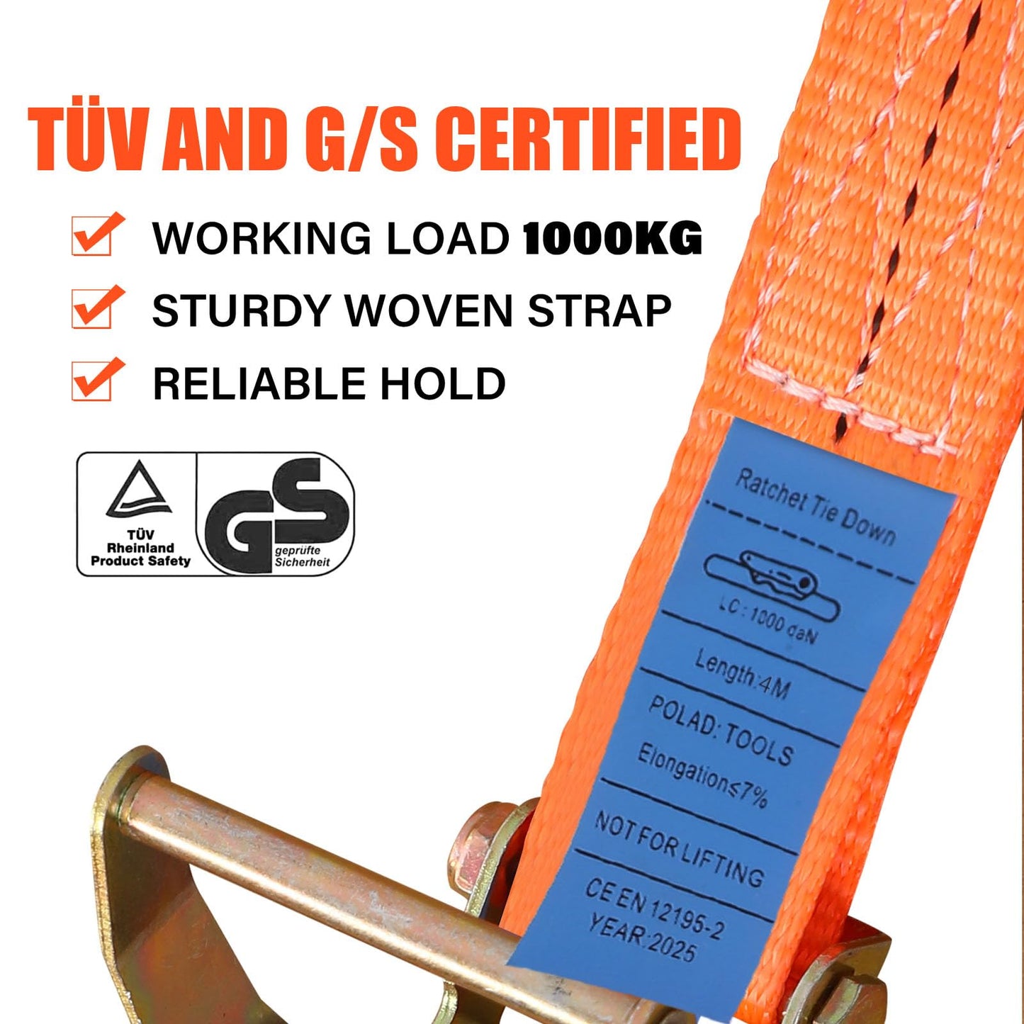 8 pieces of tension straps with hooks ratchet in 4m 1000kg 1T two-part 25 mm ratchet strap lashing straps for cargo securing TÜV/GS certified (Orange)