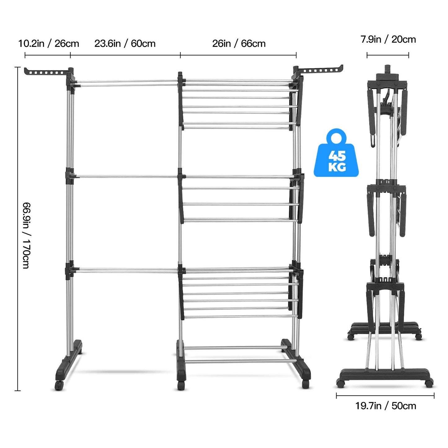 johgee 2 in 1 laundry rack tower, extendable length 66-130 cm, with 6 foldable wings on 3 levels, foldable drying rack for large families