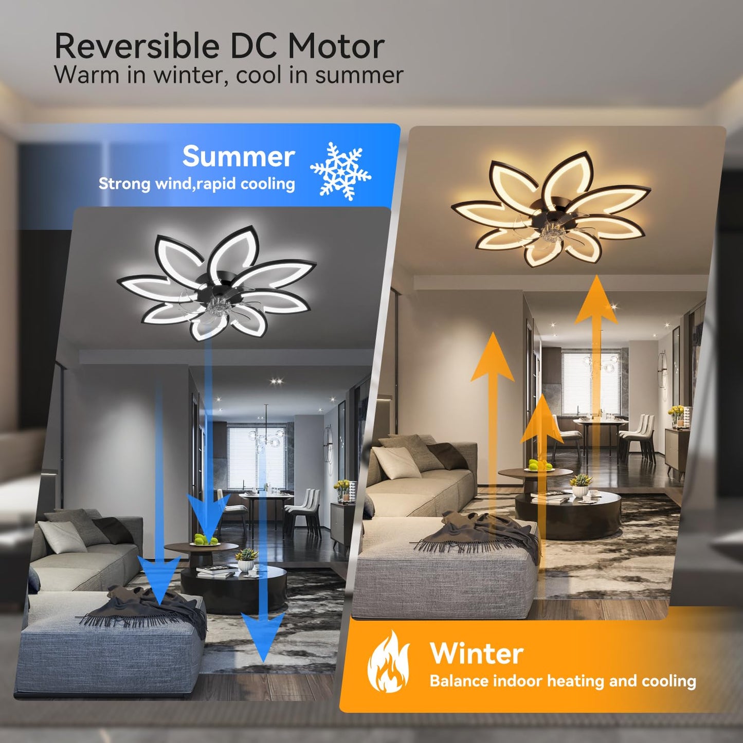 Ceiling fan with lighting and remote control app, lamp with fan Quiet, flower modern design, dimmable, memory function, DC motor, summer winter operation reversible, black