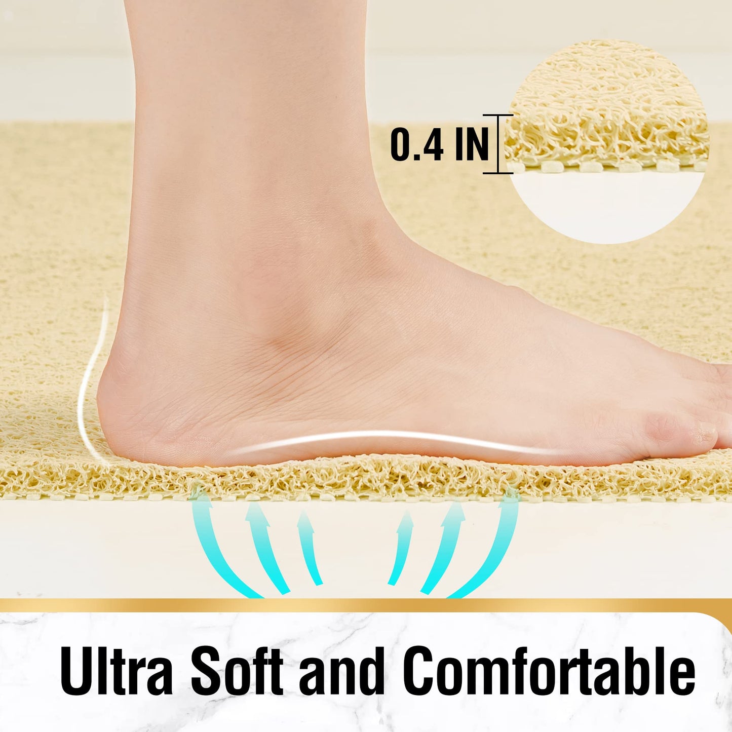 HITSLAM Non-Slip Shower Mat, 80x60cm Non-Slip Bathtub Mat with Drainage, Soft PVC Loofah Anti-Slip Mat for Bathtub, Quick-Drying Bath Mat, Beige