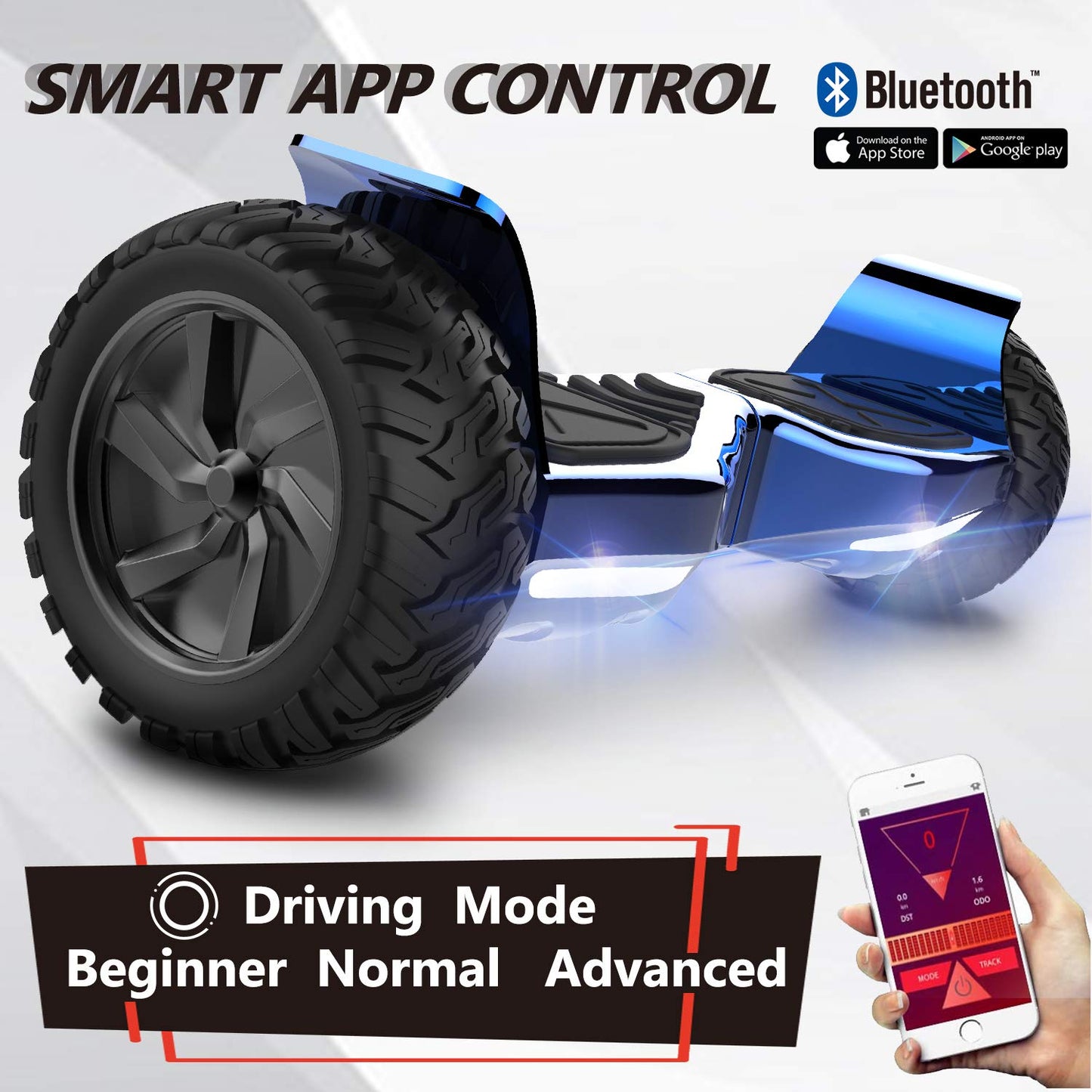 GeekMe off-road 8.5 inch SUV hoverboards with APP, Bluetooth speaker, dual motor, LED lights, all terrain hoverboards for kids and adults.
