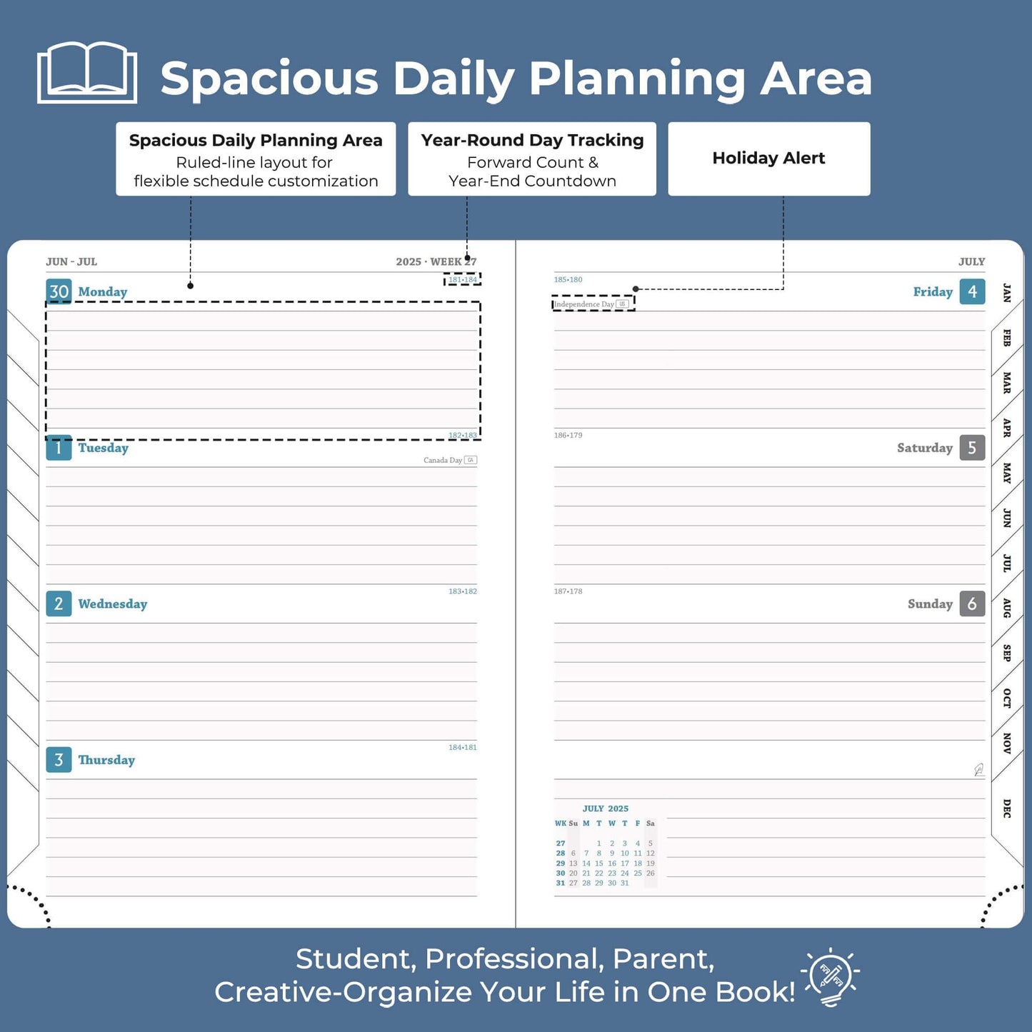 IN-LUXPRO Calendar 2025 2026 Weekly Planner, A4 (29 x 21.7cm), 18-Month Book Calendar (Jul.2025-Dec.2026) Ring binder with softcover, weekly calendar with self-adhesive pen holder, Navy Blue.