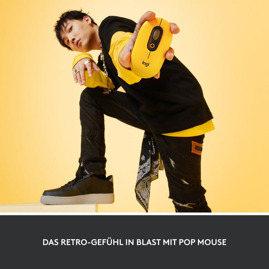 Logitech POP Mouse, wireless mouse with customizable emojis, SilentTouch technology, precise/fast scrolling, compact, Bluetooth, multi-device, OS compatible - Yellow/Black