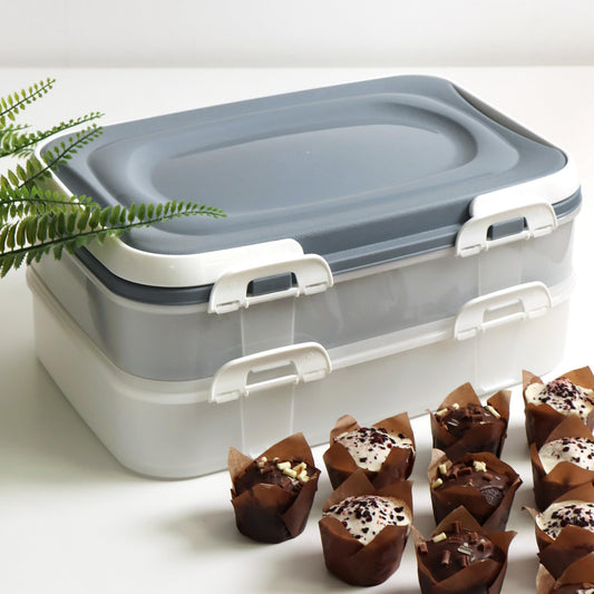 com-four® Party container with 2 levels and lifting insert - cake transport box - food freshness container - cake container with handles - muffin container (1 piece pastel blue-gray)