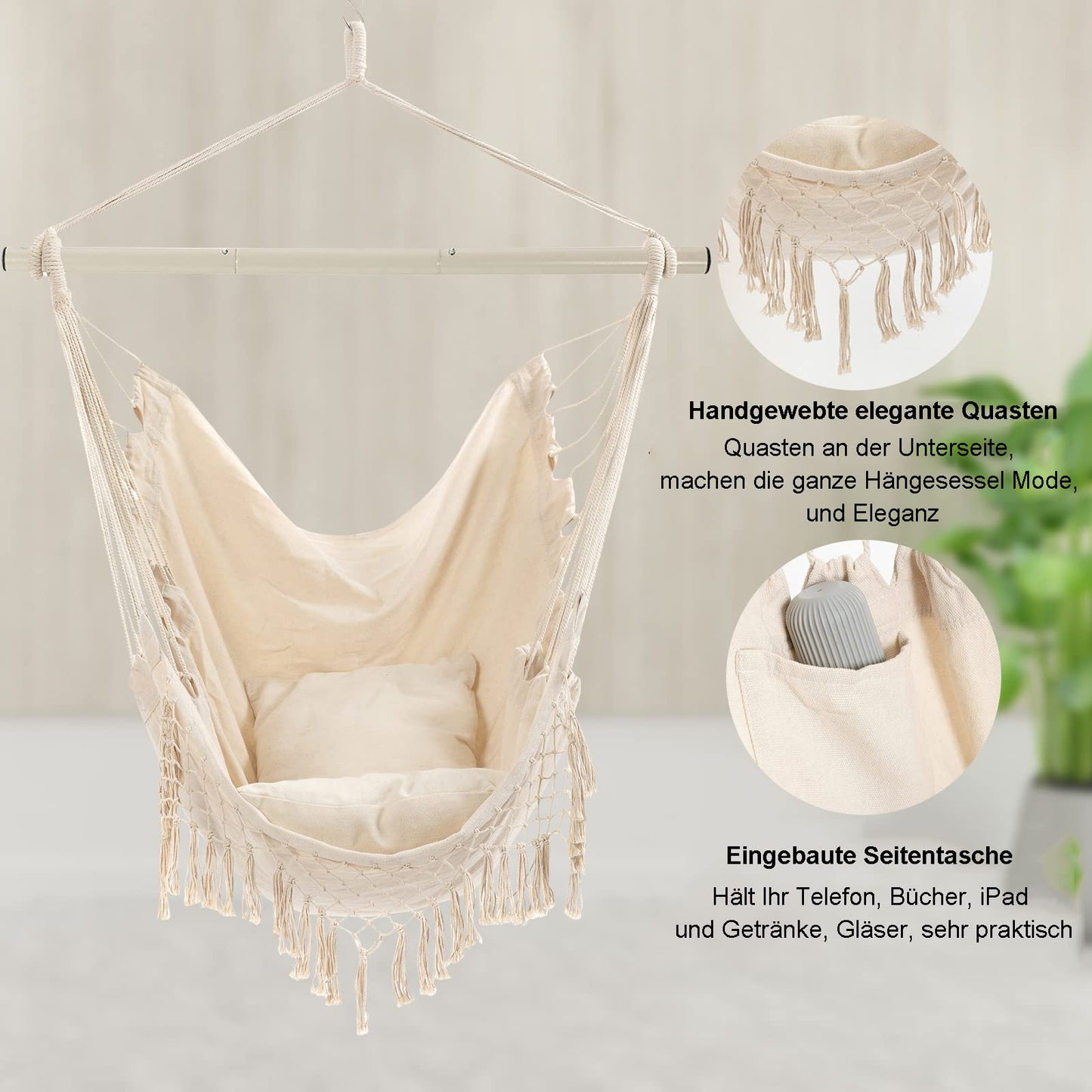 Hanging chair for outdoor, hanging chair for indoor with 2 pillows, hanging chair without stand up to 150 kg, swing chair for adults, hanging seat for indoor, outdoor, bedroom, and garden.