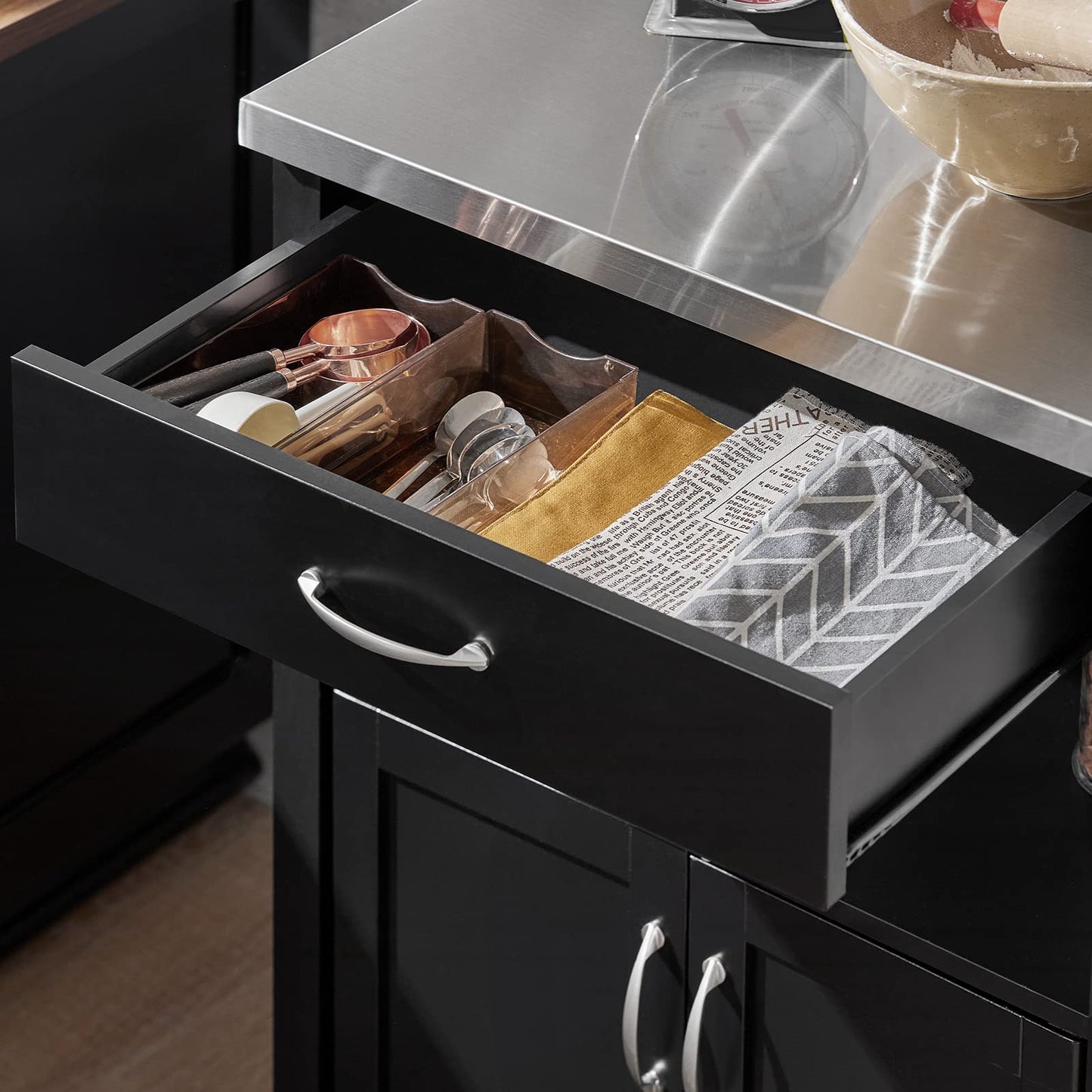 SoBuy Kitchen Cart with Worktop Serving Trolley with Wheels Side Table Wooden Trolley Kitchen Shelf Standing Versatile Kitchen Cabinet for Kitchen, Outdoor & Bedroom Black 60x92x45cm FKW22-SCH