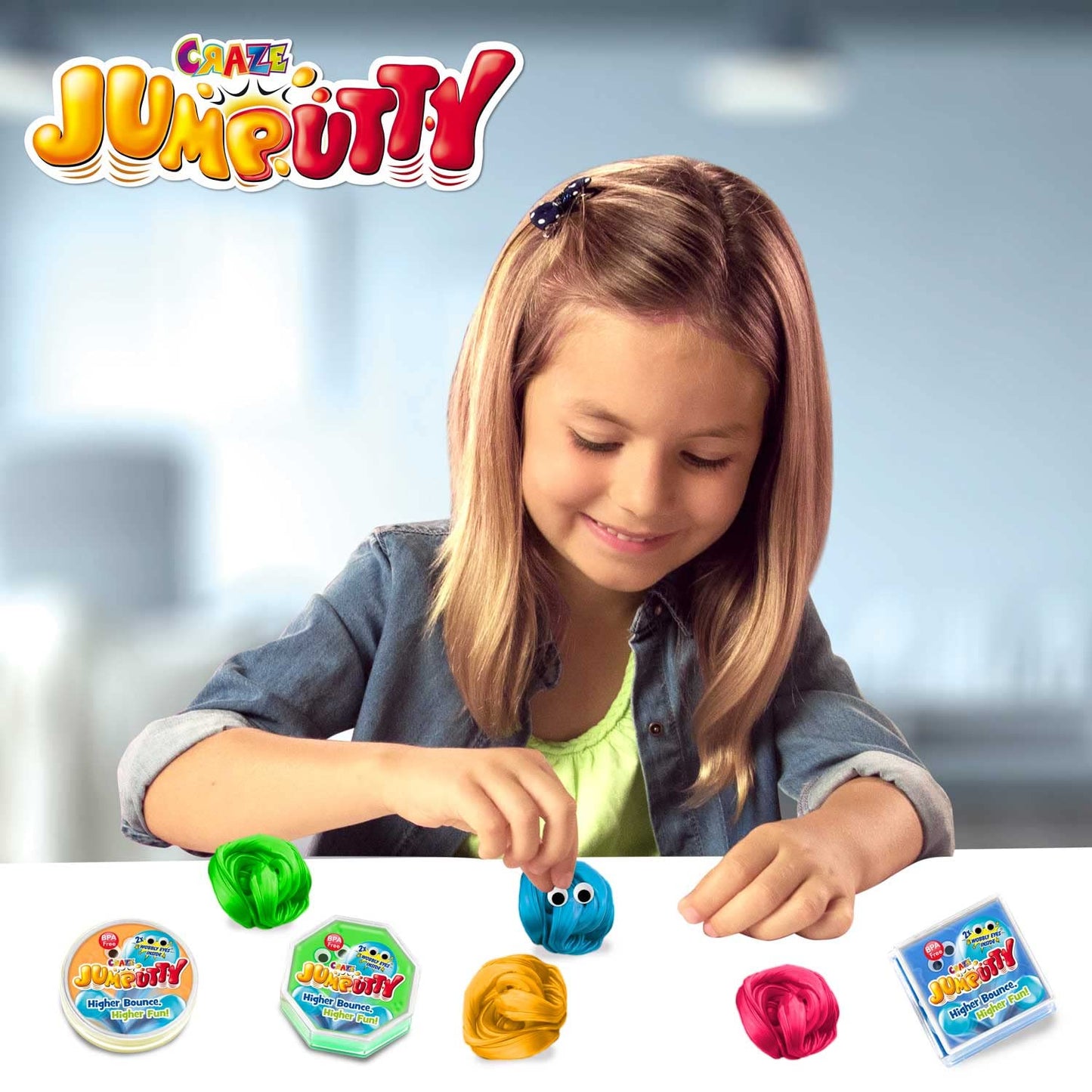 JUMPUTTY Bouncing children's clay Complete counter display with 24 cans, bouncy clay to go, 5 different colors