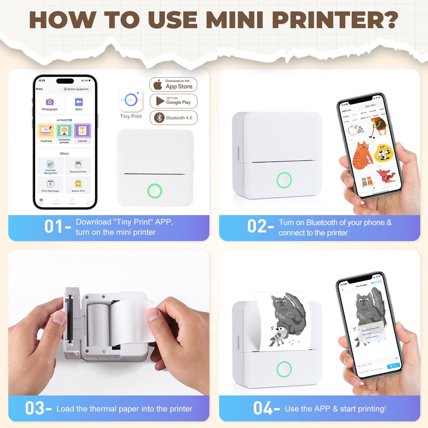 PRAOAHEI Mini Printer, Portable Photo Printer with 10 rolls of printing paper, Bluetooth label printer, thermal printer for notes, photos, journals, DIY, compatible with iOS and Android (White)