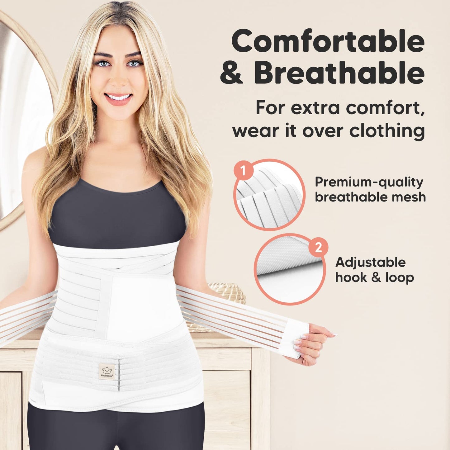 KeaBabies Revive 3 in 1 Postpartum Belt for Women - Belly Wrap After Birth C-Section, Postpartum Recovery Belt, Postpartum Belly Band, Pregnancy Belly Belt (Matte White, M/L)
