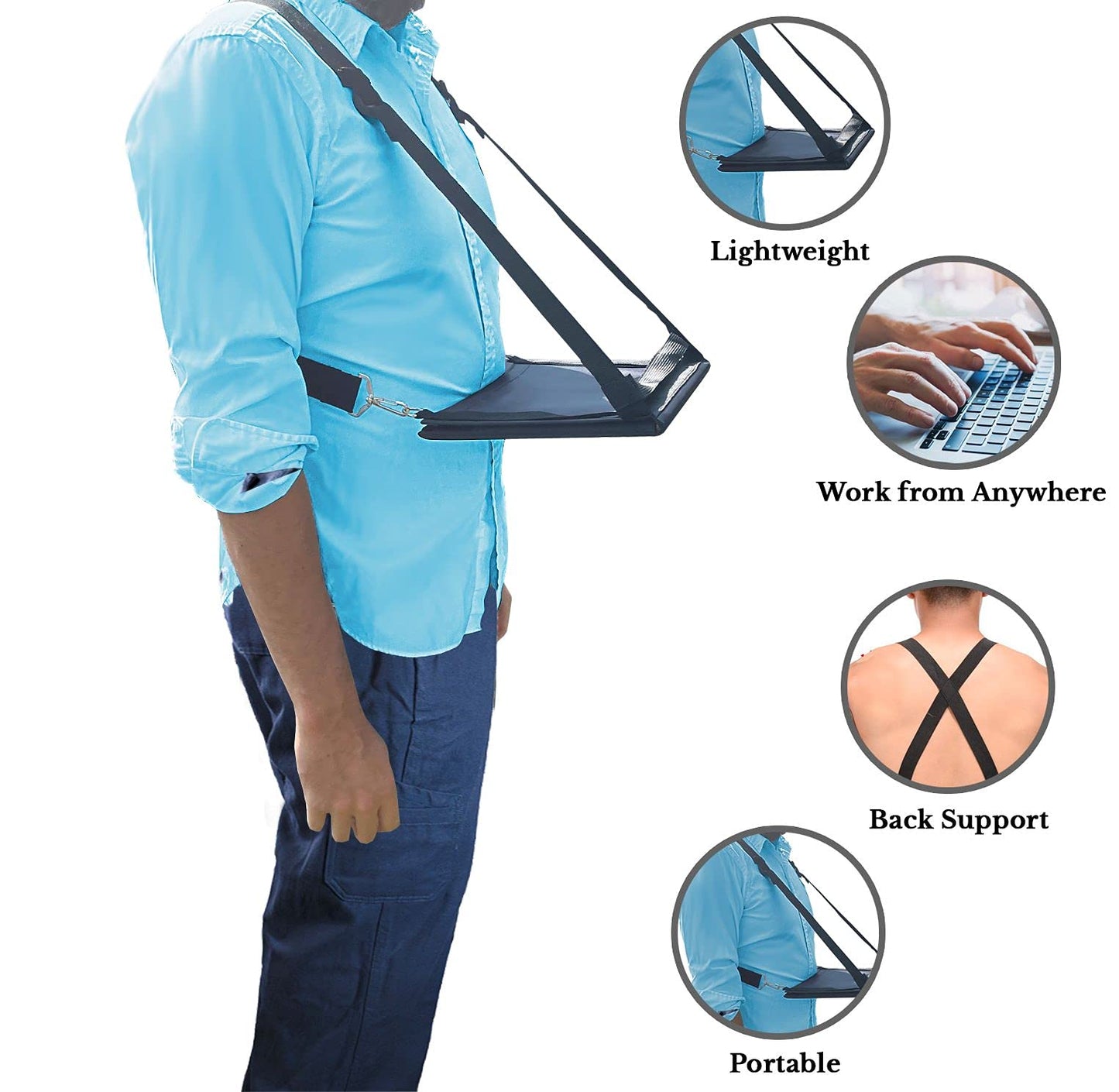 Laptop Harness, standing desk, mobile walking laptop carrier, adjustable desk, and portable laptop stand, hands-free portable desk for laptop (13 inch) or notebook.