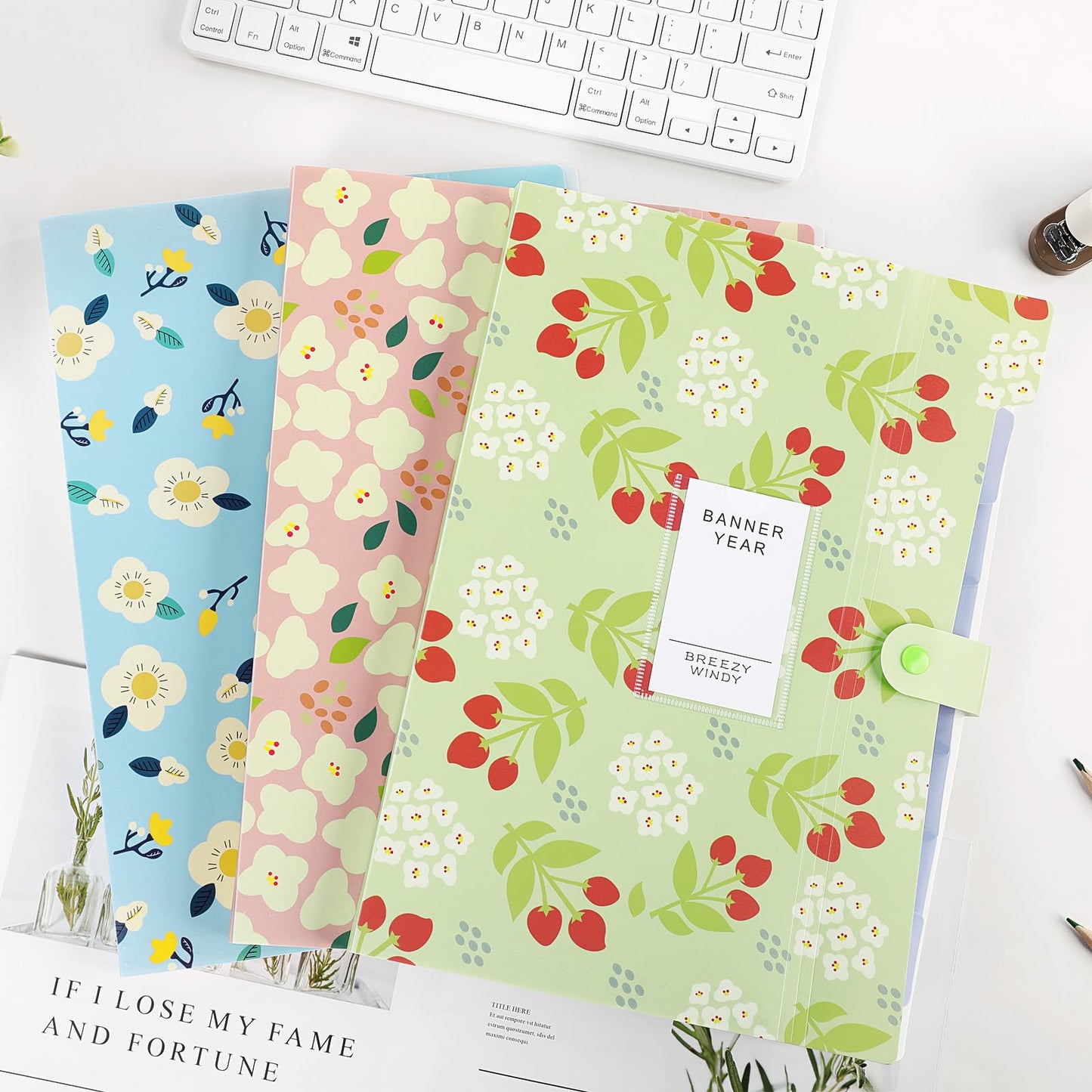 KONVINIT expanding file folder A4 size, document organizer with 7 compartments, portable floral patterned file folder with labels, for school/home/office, pack of 3.