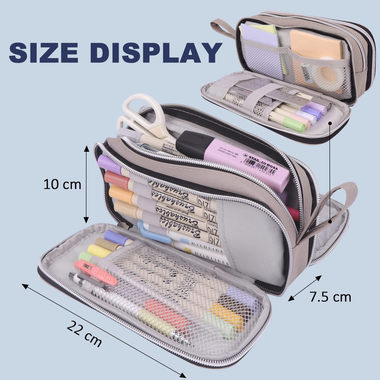 COLOCASTLE Pencil Case Large with 3 Compartments Pencil Pouch for Girls Boys Teenagers School Office (Gray)