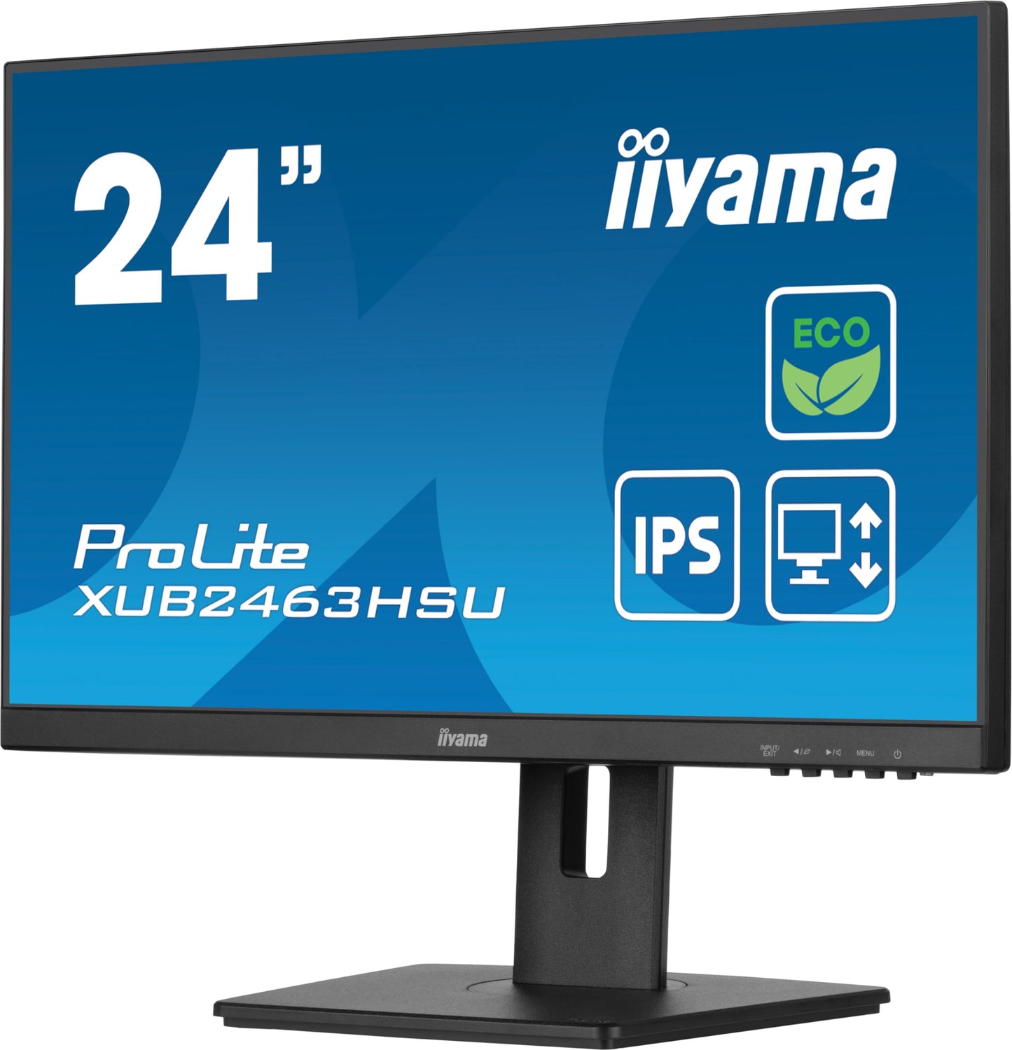 iiyama Prolite XUB2463HSU-B1 23.8" IPS LED Monitor with Full HD resolution, 100Hz refresh rate, HDMI, DP, USB3.2 ports, slim design, height adjustment, pivot function, FreeSync technology, energy class B, and black color.