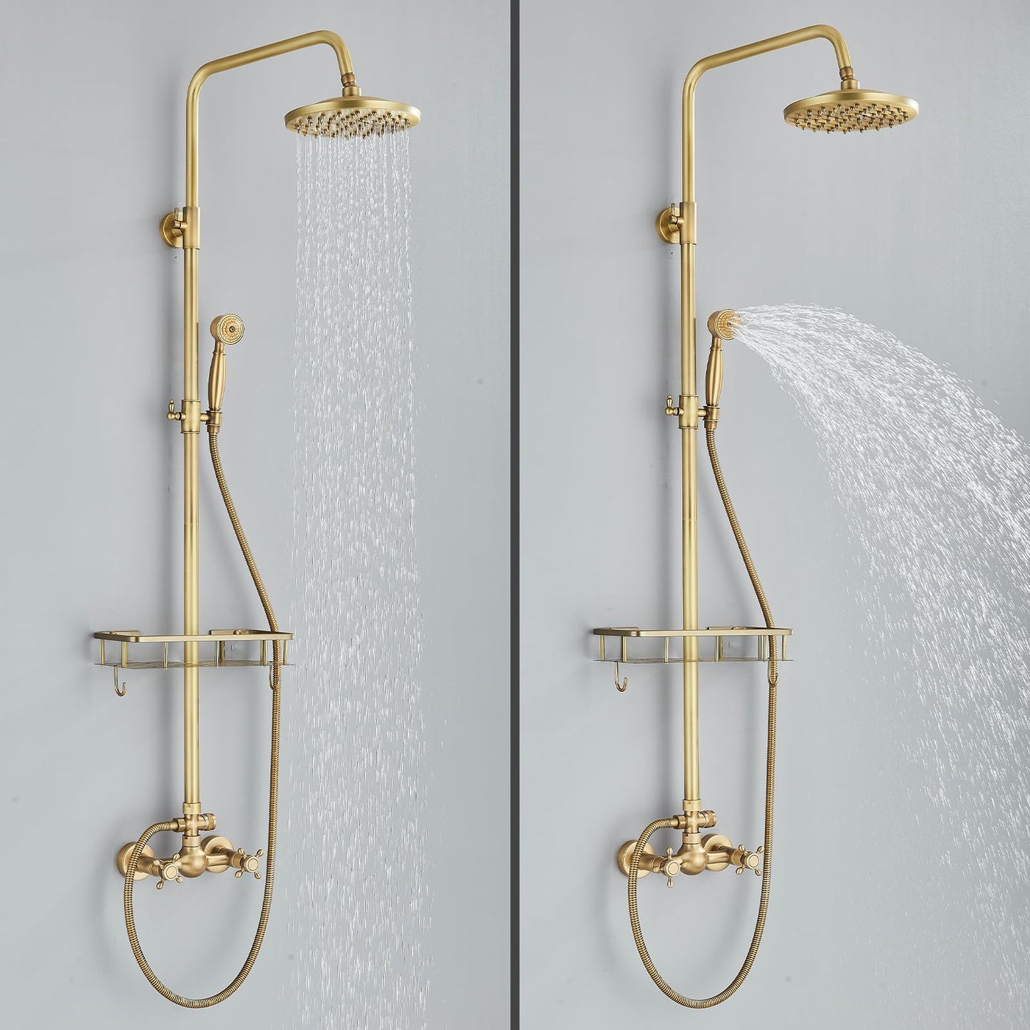 Rozin Brass Antique Shower Faucet with Hand Shower Faucet 8 Inch Shower Head Rain Shower Head Rain Shower with Storage Shelf