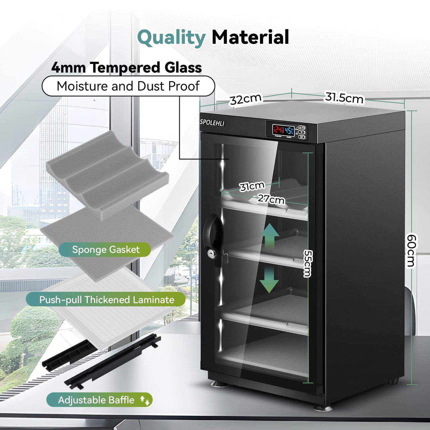 Dependable drying cabinet camera digital control dehumidifier 55L electronic dry box with LED lights silent & energy efficient for camera lens & electronic devices storage