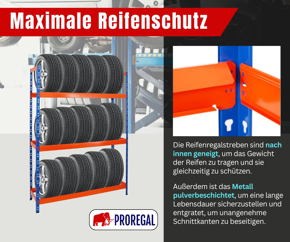 PROREGAL Tire Rack Tiger XL | HxWxD 200x150x45 cm | 300kg shelf load | up to 18 tires (205/55 R16) | Blue/Orange | Workshop Shelf, Storage Shelf, Basement Shelf