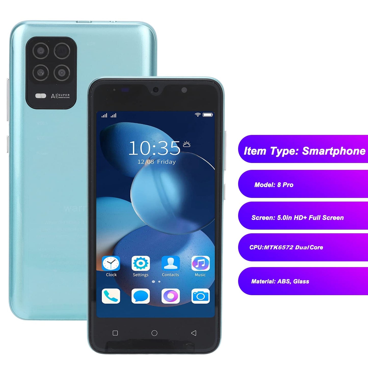 8 Pro smartphones without contract, Android phones without contract, 5 inch full screen display, 512MB RAM 4GB ROM storage, dual SIM phone, face recognition, slim mobile phone for Android 4.4.2 (Green)